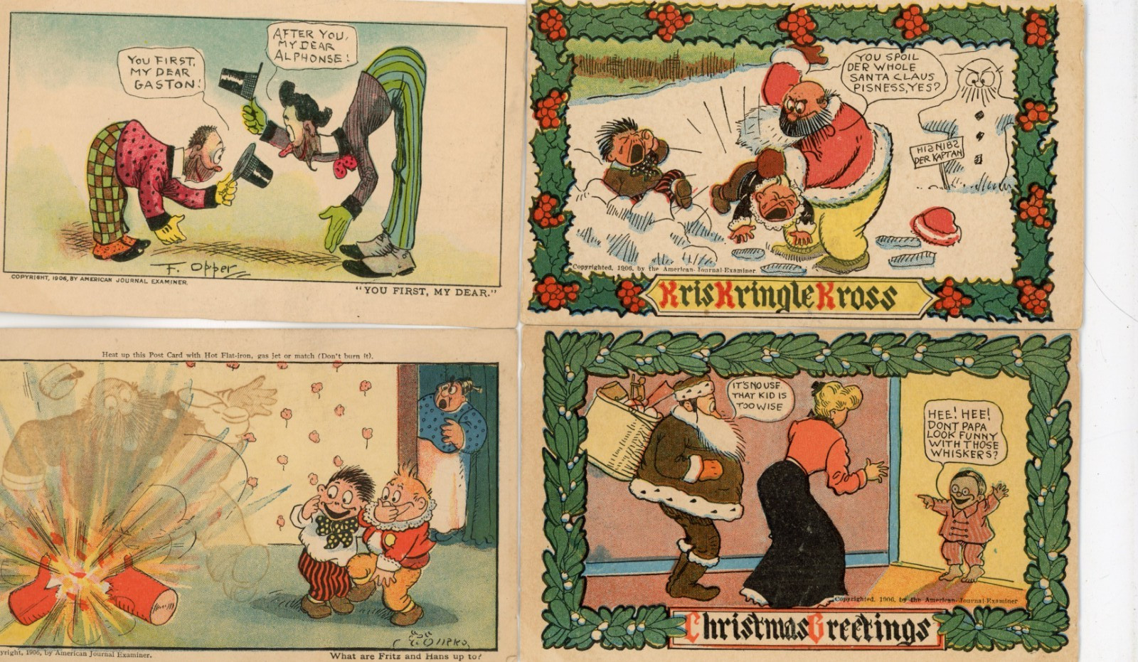 7 circa 1906 American Journal Examiner novelty postcards, Dirks comic strip