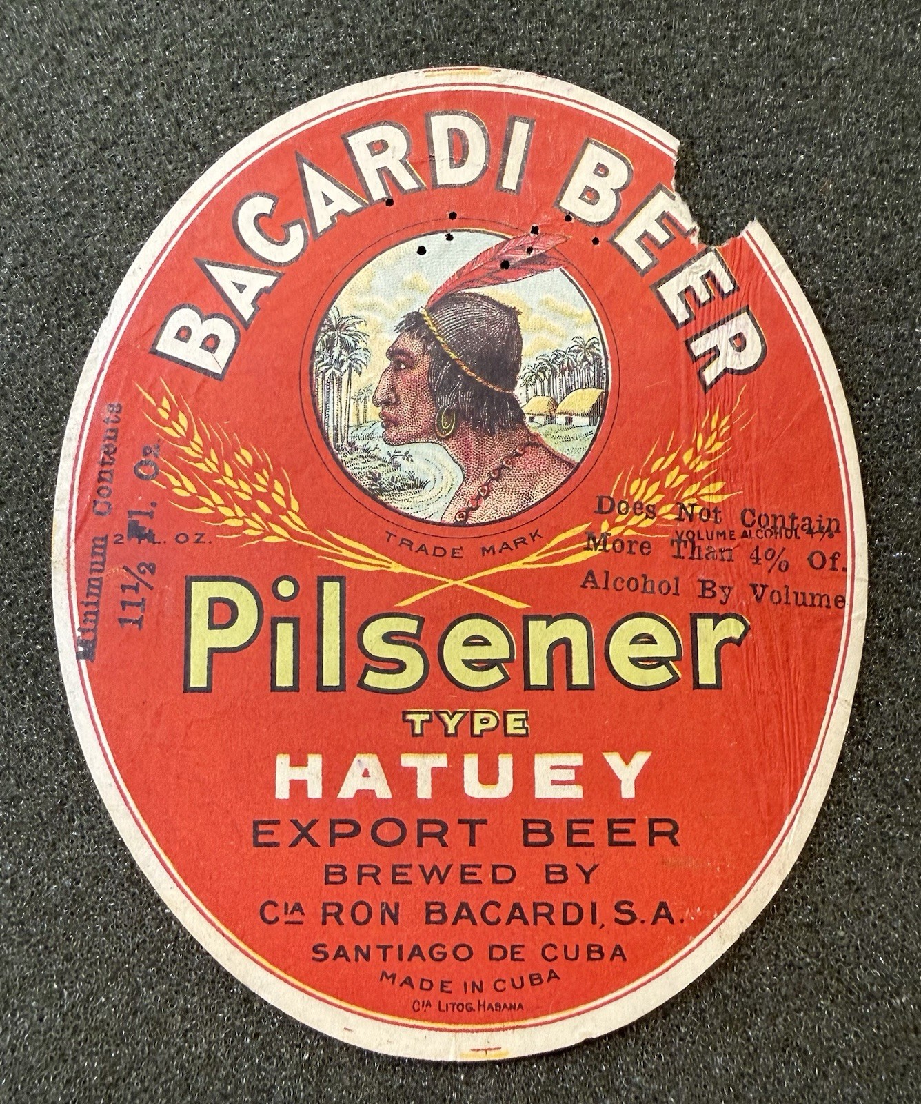 c1920’s Hatuey Pilsener Cuban beer Label Pilsner Las Villas Cuba Bacardi c1920’s Hatuey Pilsener Cuban beer Label Pilsner Las Villas Cuba Bacardi