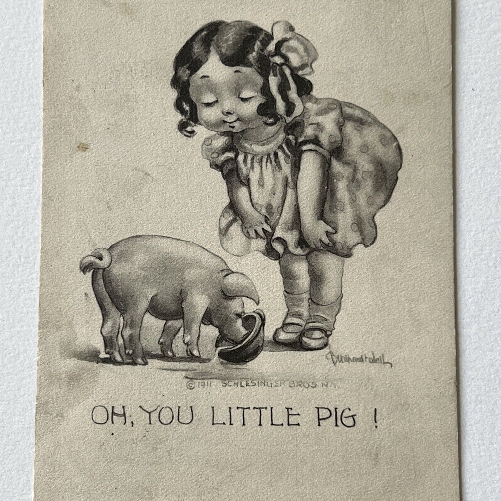 Antique Postcard Adorable Sweet Girl Oh, You Little Pig Funny Cute Piggy