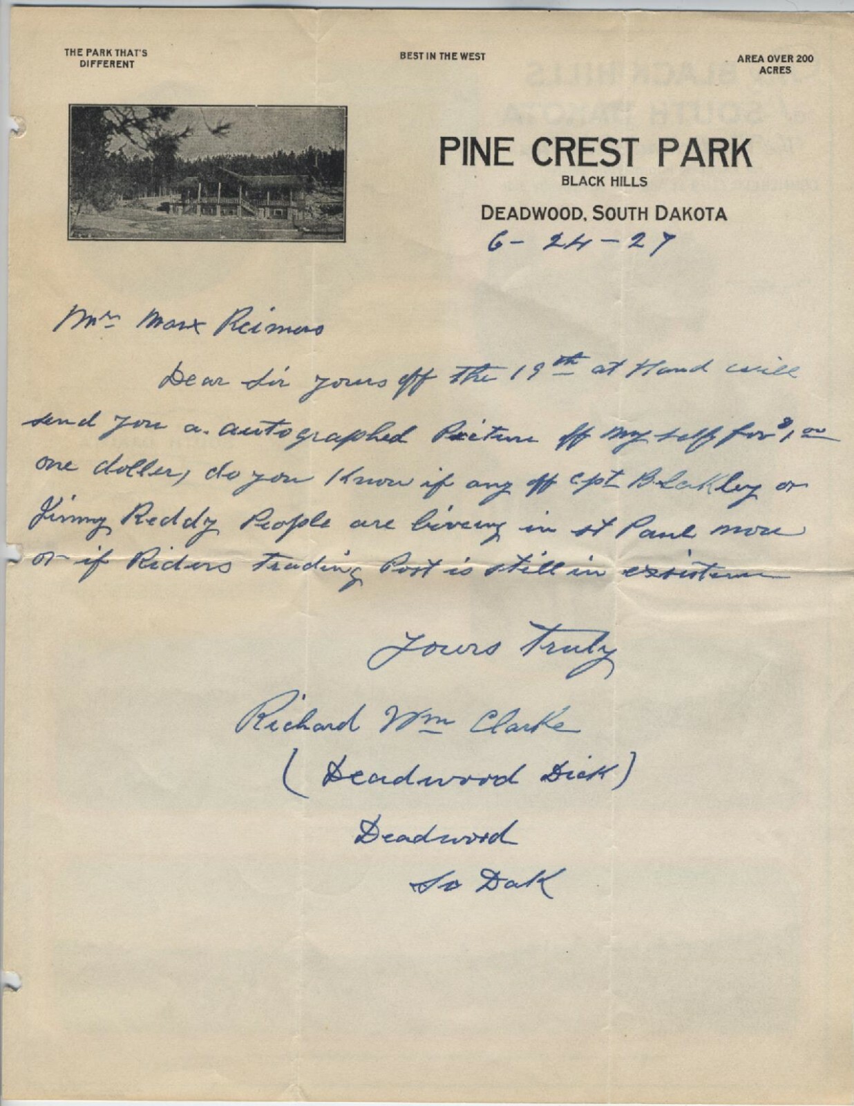 DEADWOOD DICK autographed handwritten letter United States frontiersman, Pony