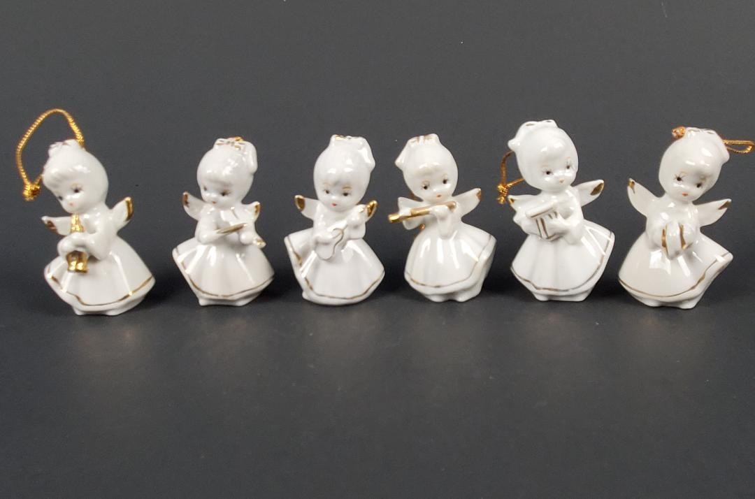 6 Vtg Mini Porcelain Angels with Gold Gilt Trim Musical Instruments Sit or Hang