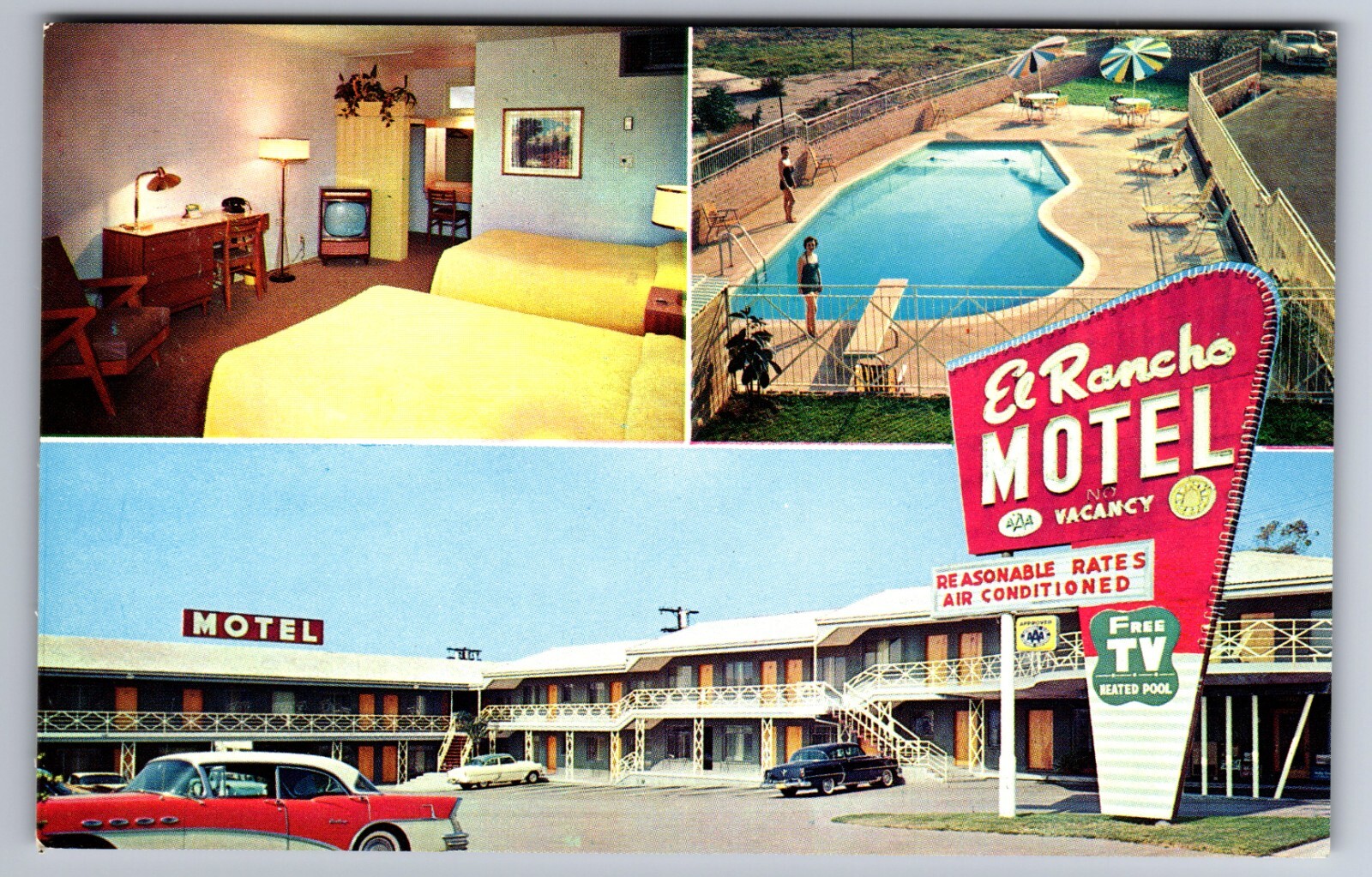 C.1960 BURBANK, CA CALIFORNIA EL RANCHO MOTEL CAR POOL TV MULTIVIEW Postcard P51