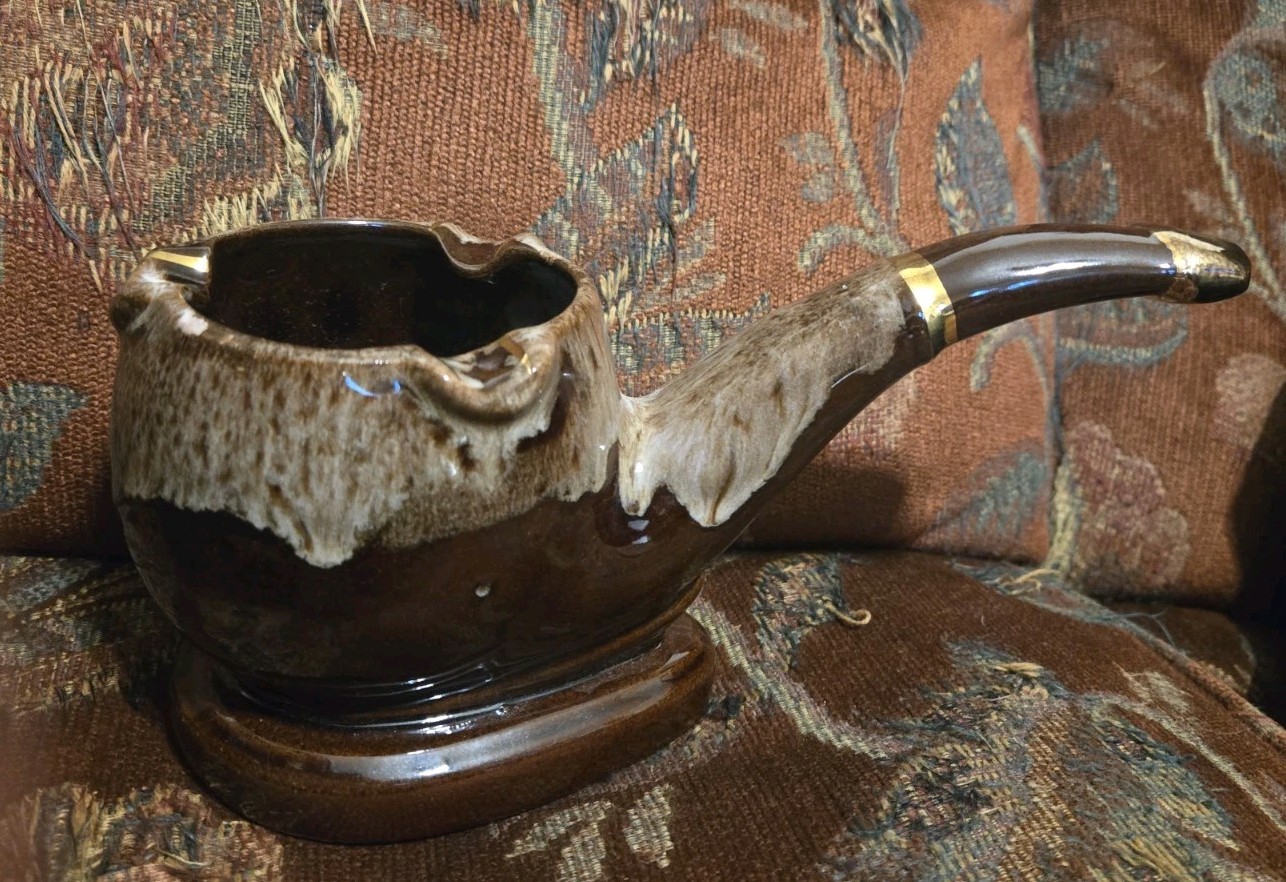 Vtg NAPCO PIPE SHAPED ASHTRAY Glazed Ceramic Pottery Brown drip with Gold Trim