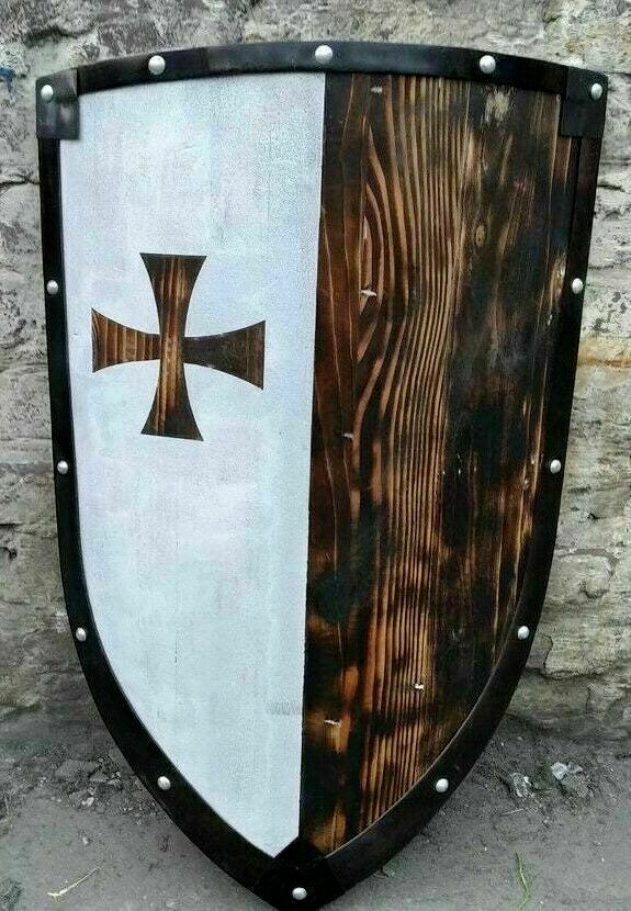 24''Medieval Knight Cross Viking Wooden Shield Battle Warrior Crusader LARP New
