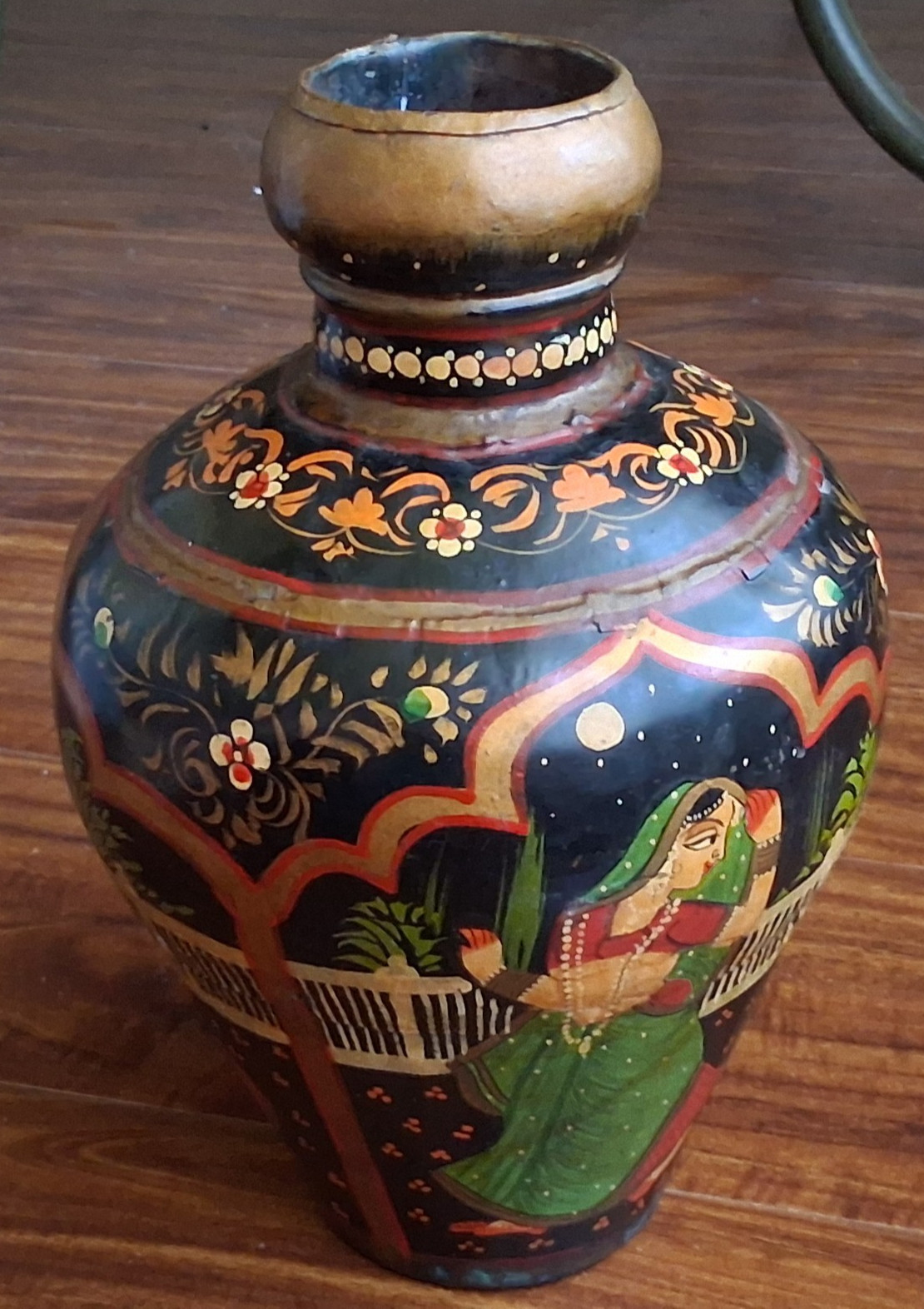 Vtg Indo-Raj Mughal Water Jug Vase Indian Hand Painted Hammered Metal Floral 10\