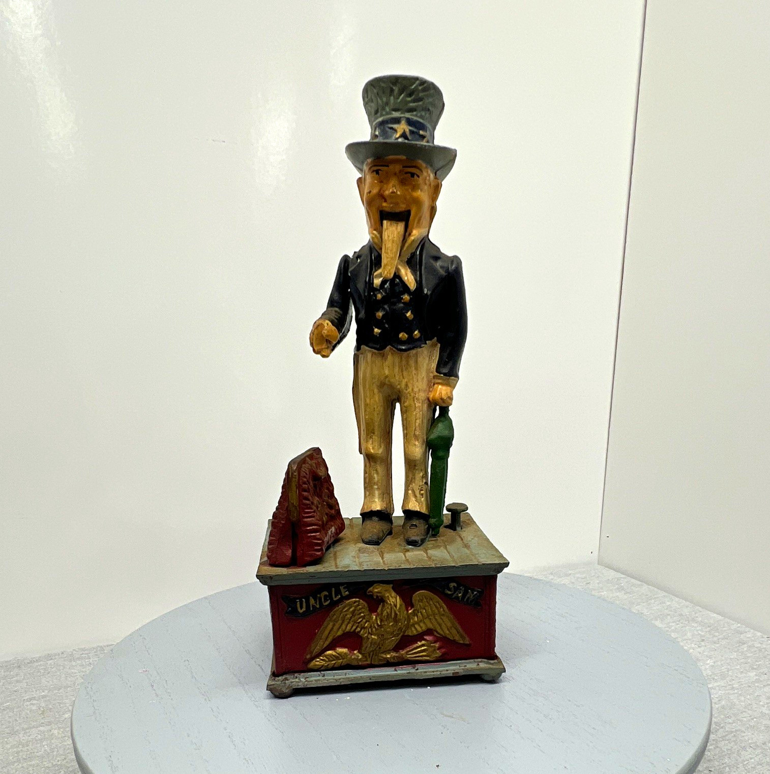 Vintage Cast Iron Uncle Sam Mechanical Bank Coin Op Americana Reproduction 11\