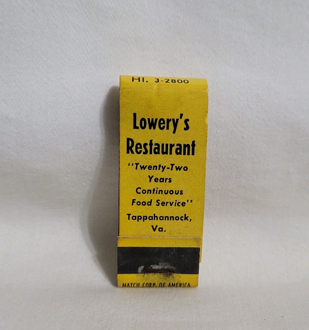 Vintage Matchbook Lowery\'s Restaurant Tappahannock Virginia Advertising Full