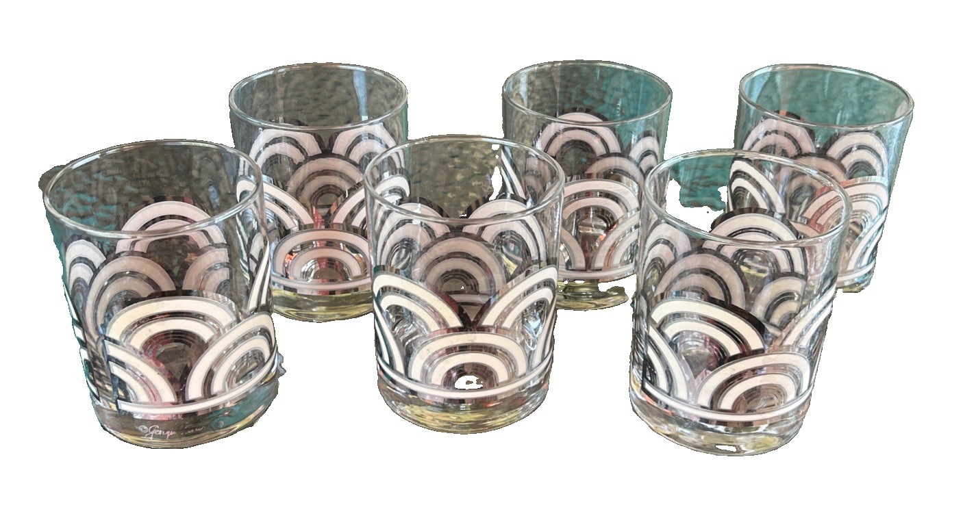 6 Ct Vtg 1960s George\'s Briard Cocktail Glasses MCM Arches Silver/Off White Foil