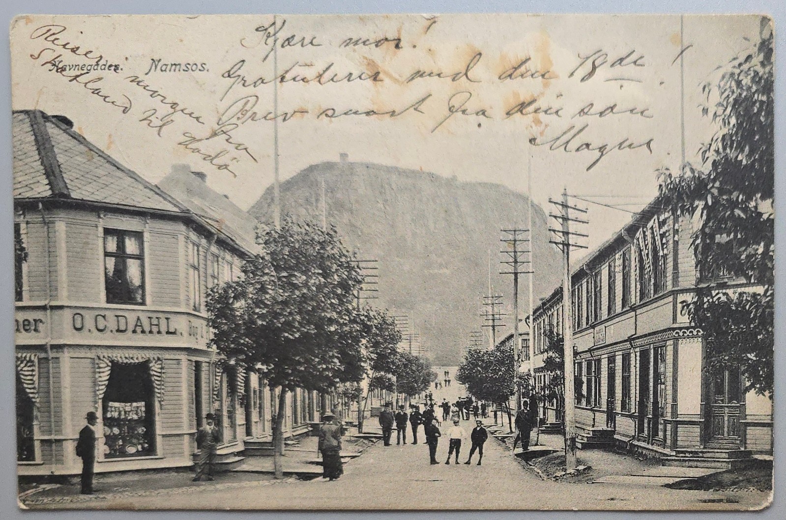 1908 Namsos Norway Street Scene O.C. Dahl Store Postcard 5 Ore Stamp Posted