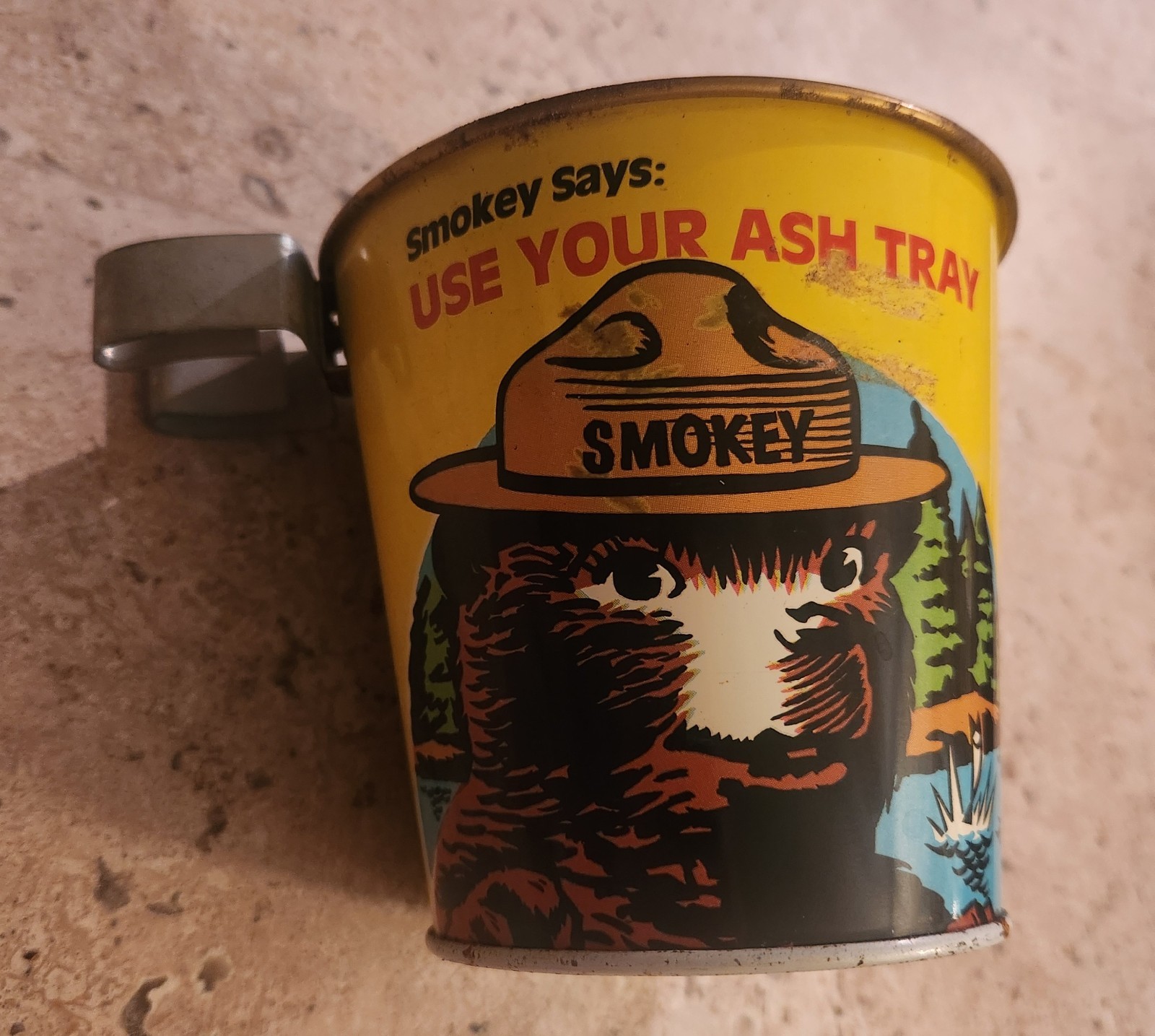 Vintage Smokey the Bear Tin Bucket Ash Tray RARE Camping Assesory 1960's