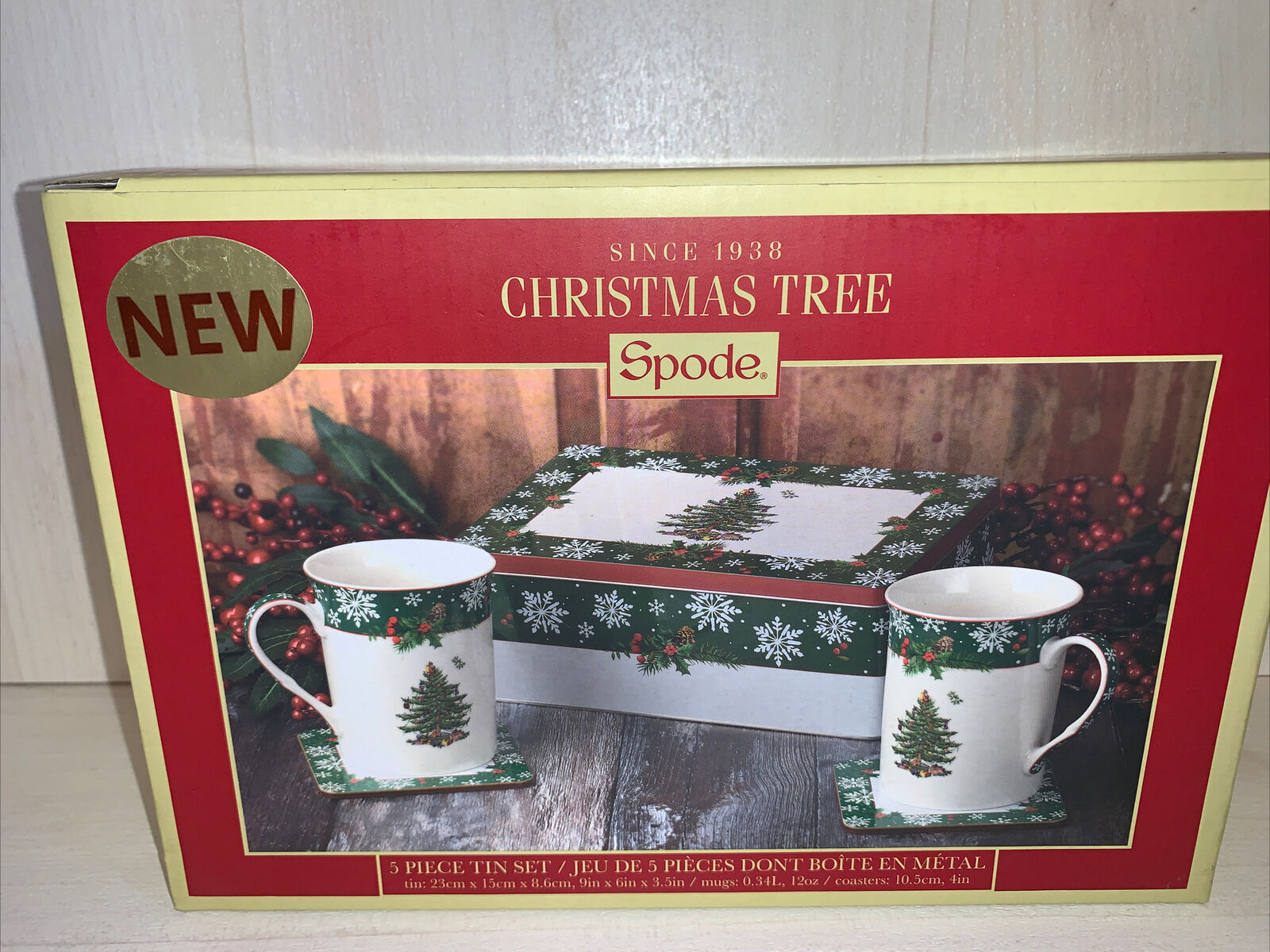 Spode Christmas Tree 5 Piece Tin Set Mugs, Coasters, Tin NIB Portmeirion Group