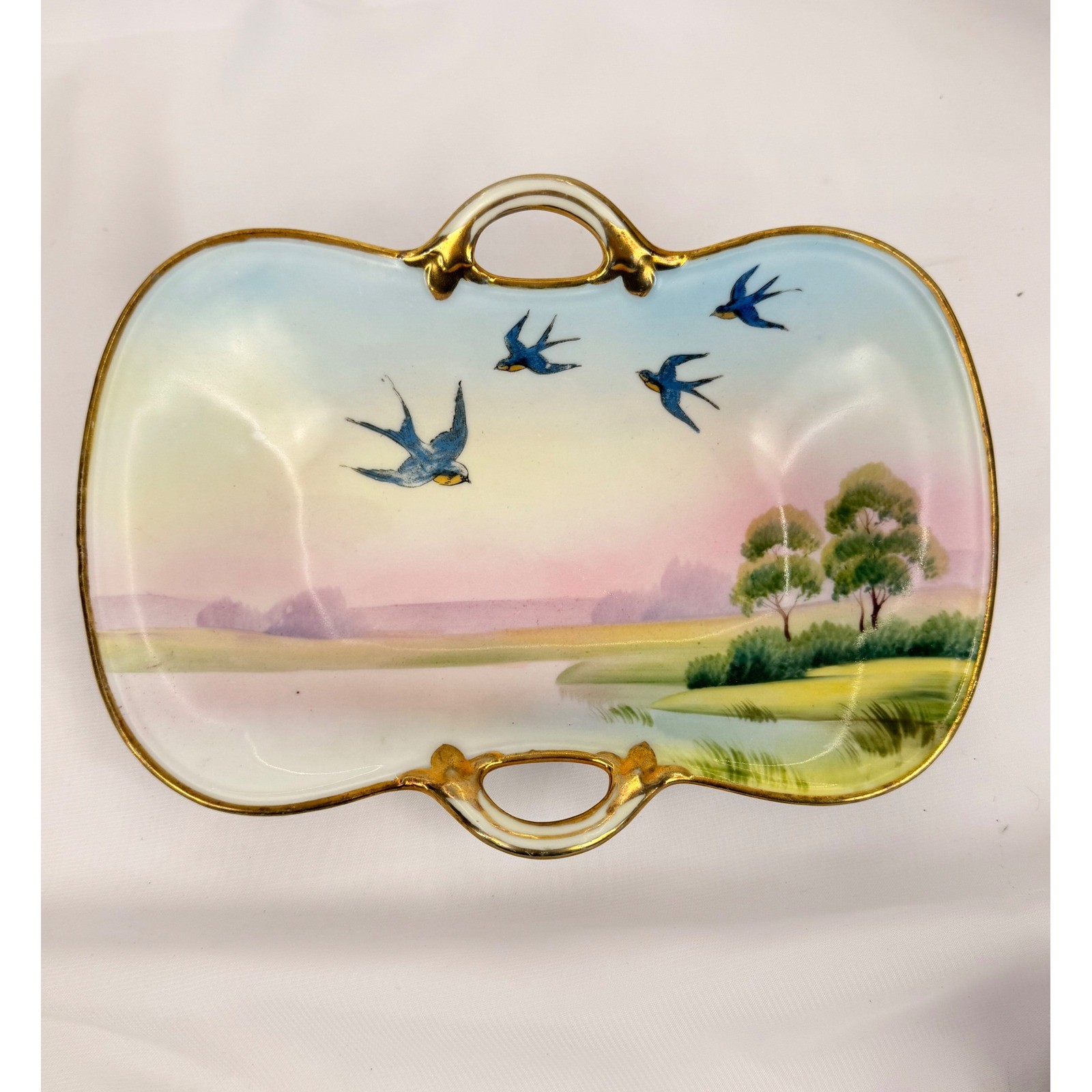 Antique Nippon Hand Painted Porcelain Dish Blue Swallows Lake Gold Gilt Trim Antique Nippon Hand Painted Porcelain Dish Blue Swallows Lake Gold Gilt Trim