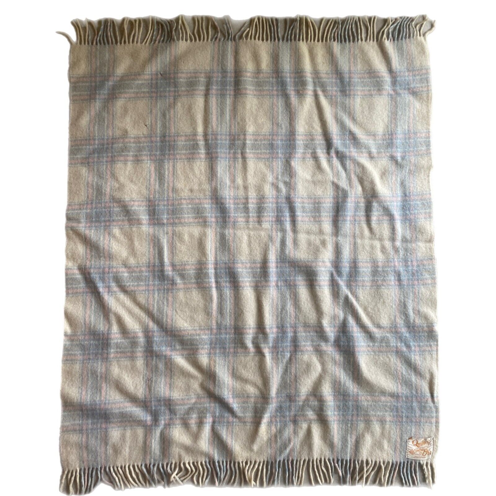 Vintage Mid Century MCM Quiltex Orr's Wool Plaid Fringe Blanket (Needs Cleaning)