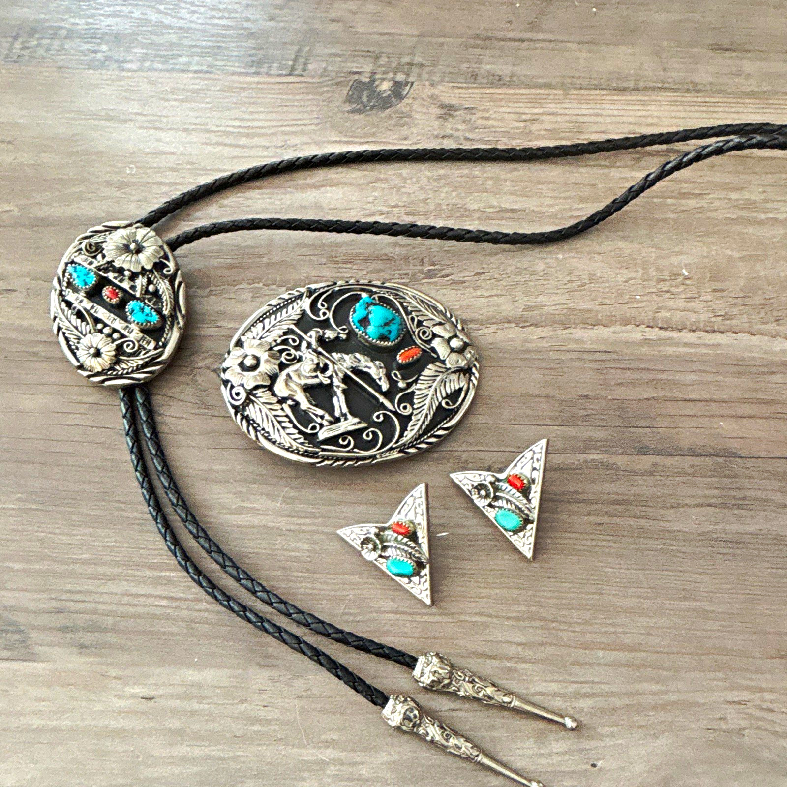 S.S.I  Western Bolo Tie, Belt buckle, Collar clips Silver Tone  Turquoise Coral
