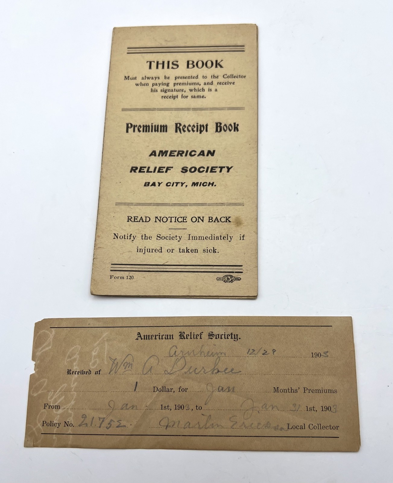 1903 American Relief Society Premium Receipt Book Bay City and Arnheim Michigan
