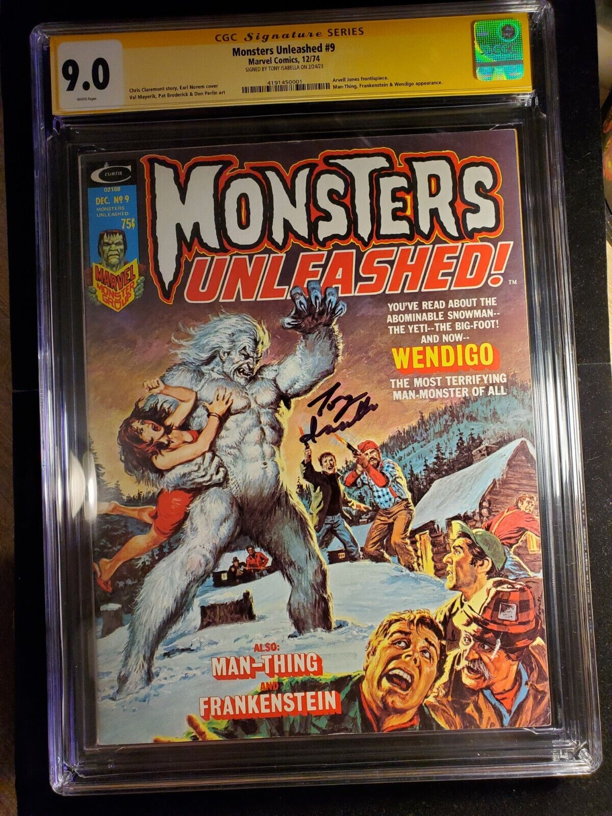 Monsters Unleashed 9 CGC 9.0 SS Tony Isabella, Marvel Comics 1974, Wendigo