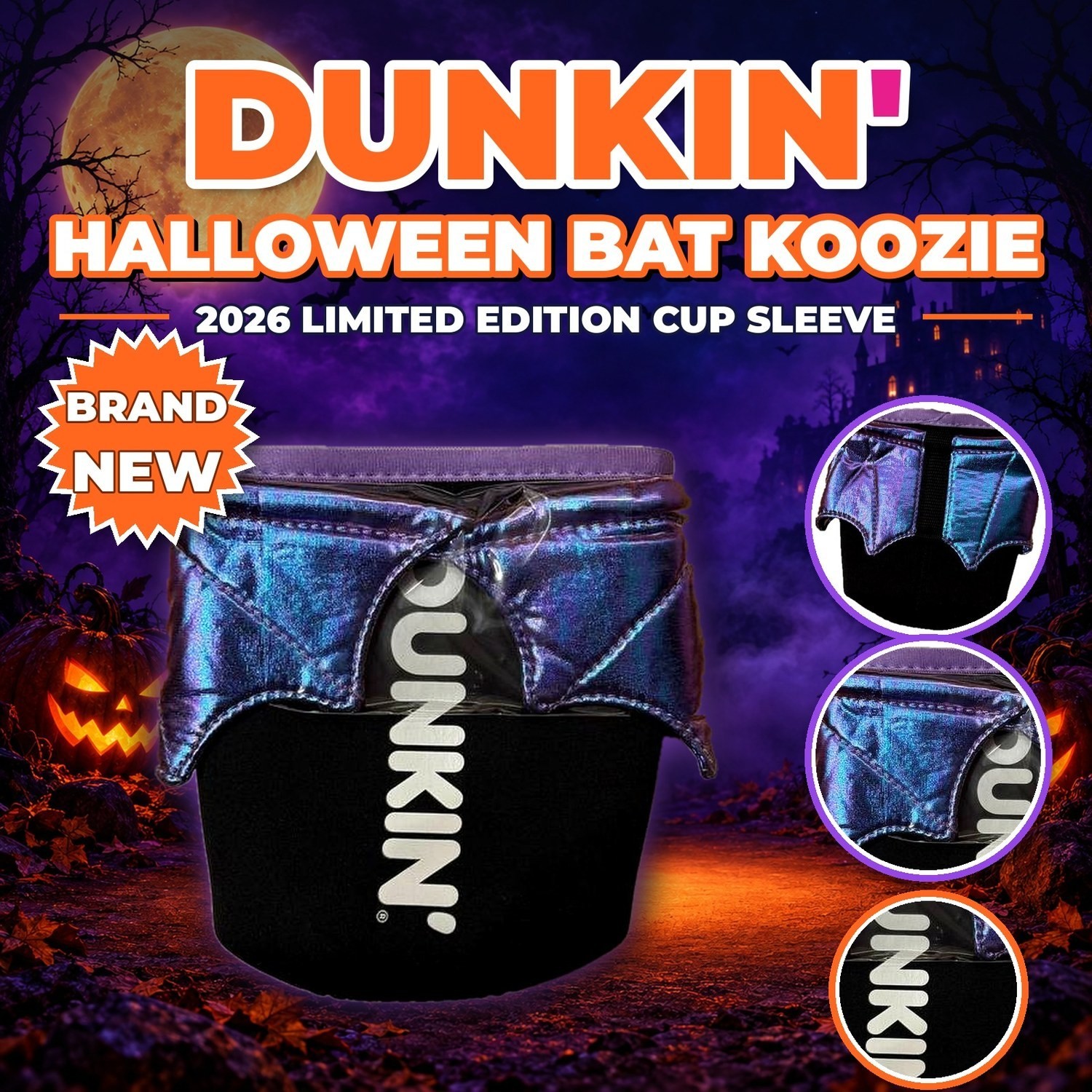 Dunkin 2026 Limited Edition Halloween Bat Koozie Cup Sleeve Purple Wings New Dunkin 2026 Limited Edition Halloween Bat Koozie Cup Sleeve Purple Wings New