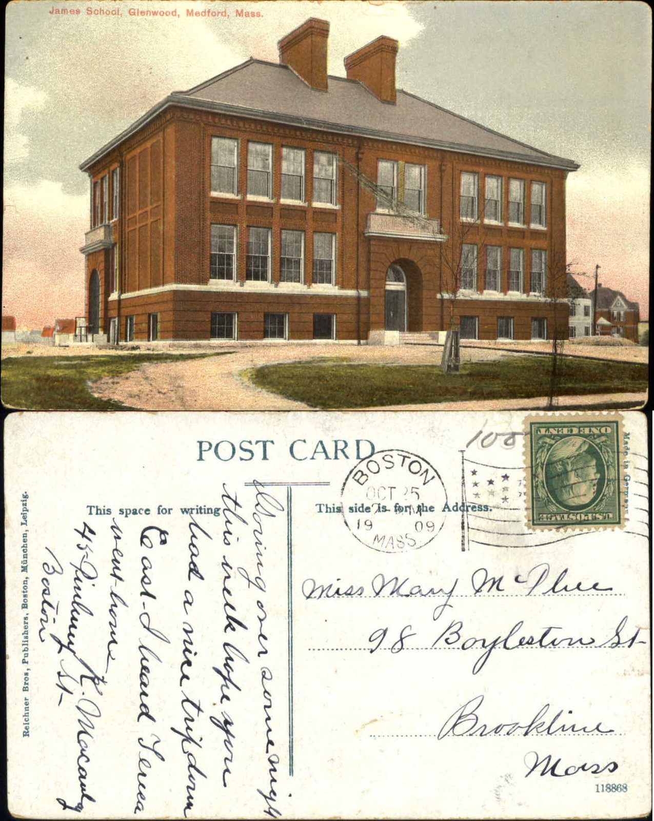James School Glenwood Medford Massachusetts MA postcard mailed 1909 James School Glenwood Medford Massachusetts MA postcard mailed 1909