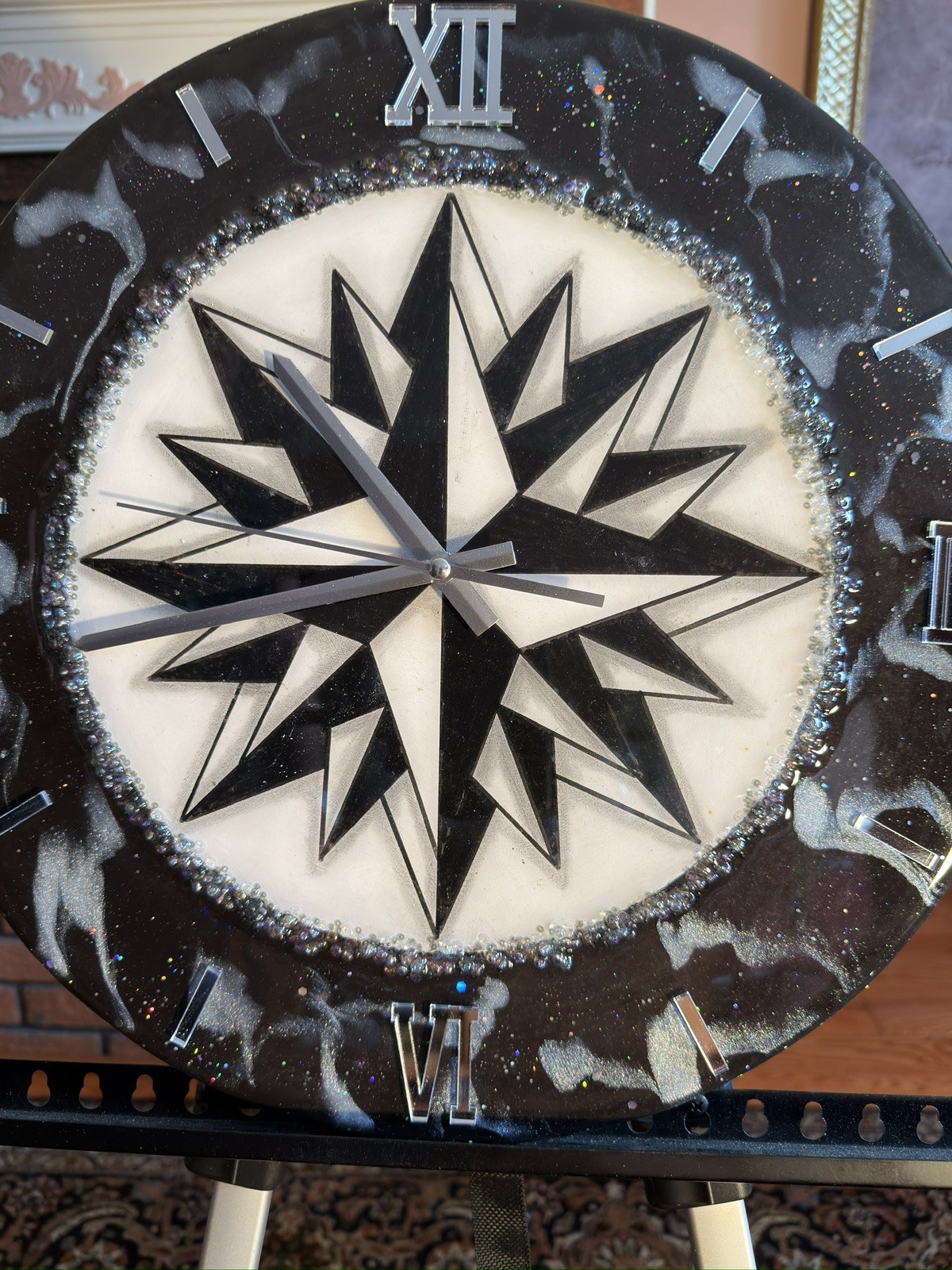 One of a Kind Handmade Resin Art Wall Clock Black White Optical Sphere Statement