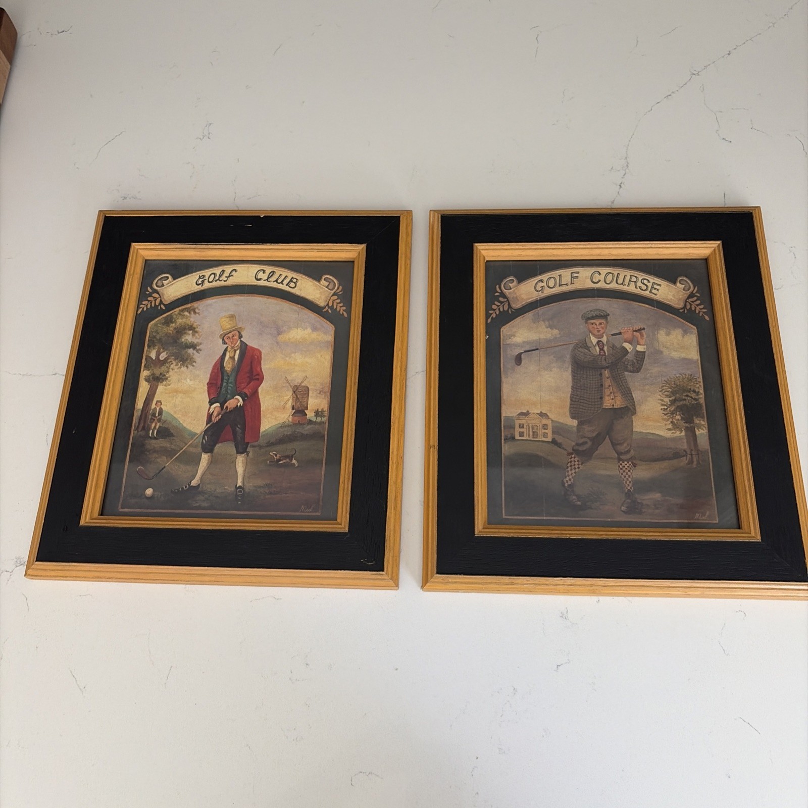 Pair Of vintage framed Golf Prints, black Wooden Frames glass front 13.5x 11.5” Pair Of vintage framed Golf Prints, black Wooden Frames glass front 13.5x 11.5”