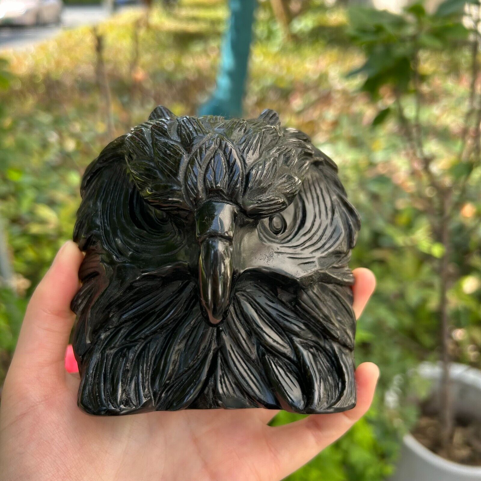 1.2LB 4.1''Hand Carved Natural Black Obsidian Owl Head Statue Crystal Carving