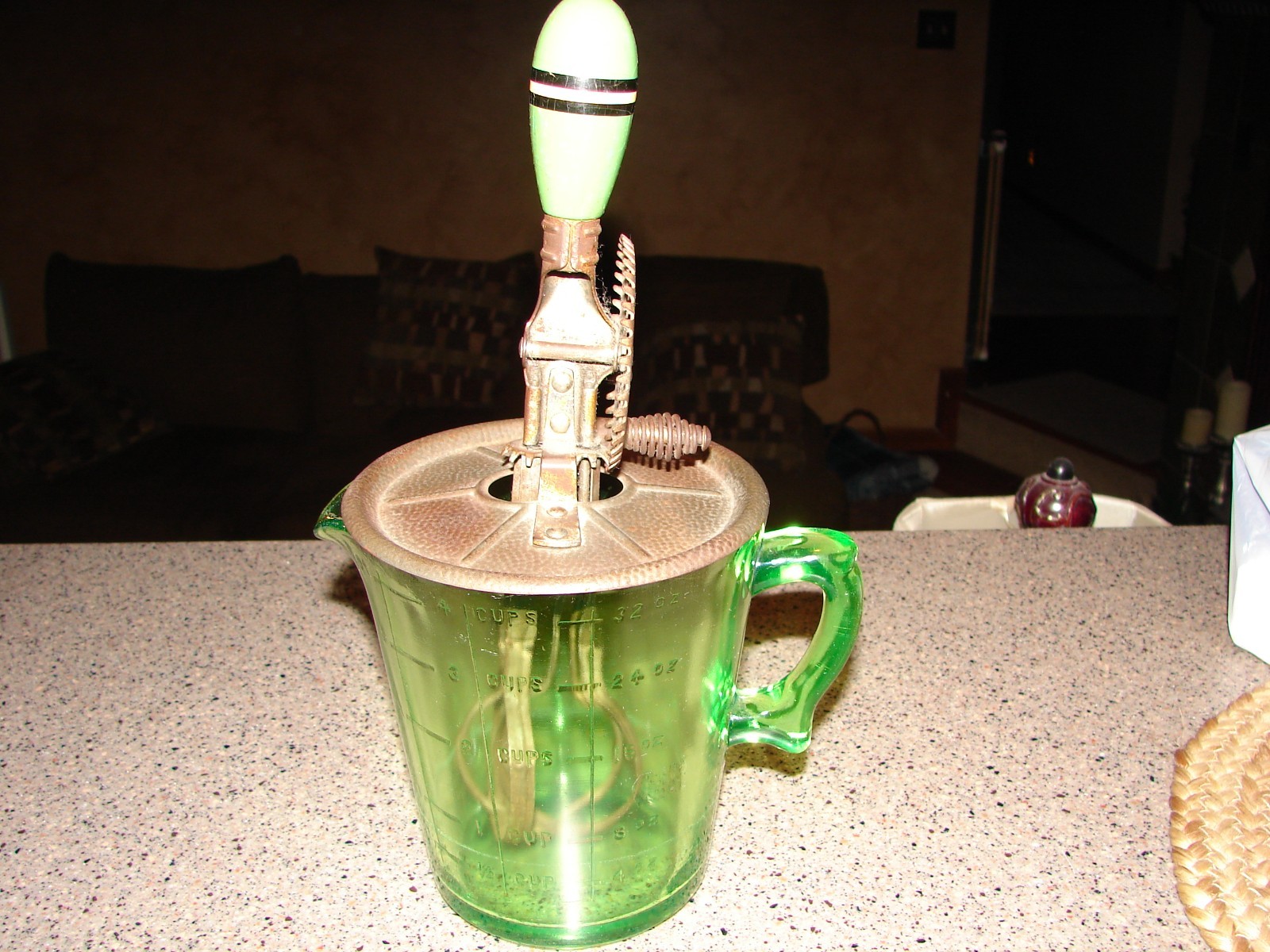 Antique Green Depression Uranium Glass Egg Beater Measuring Pitcher 4 Cups Nice