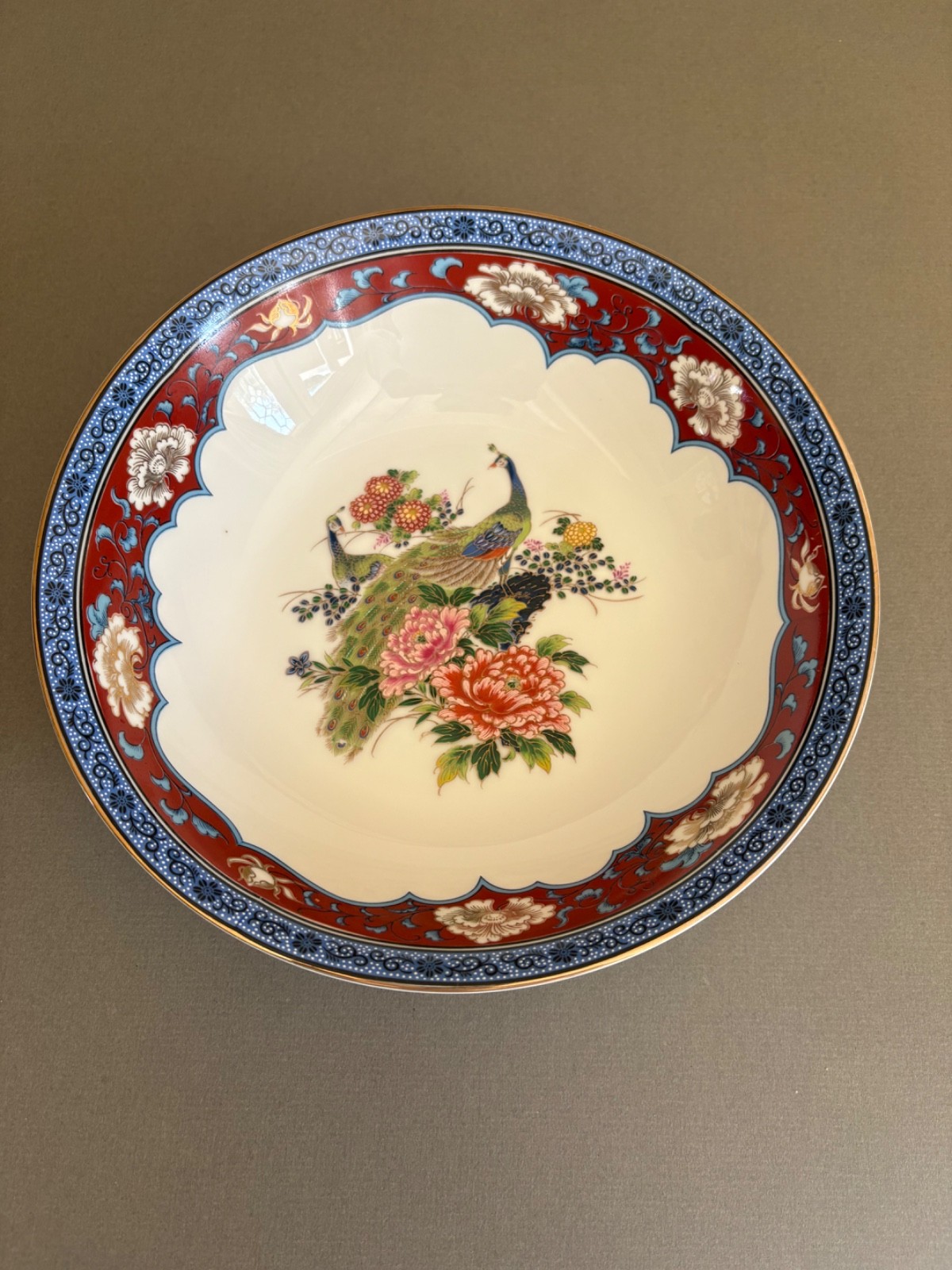 Japanese Kutani Style Porcelain Bowl 10” Gold Gilt Bird Floral Imari Border