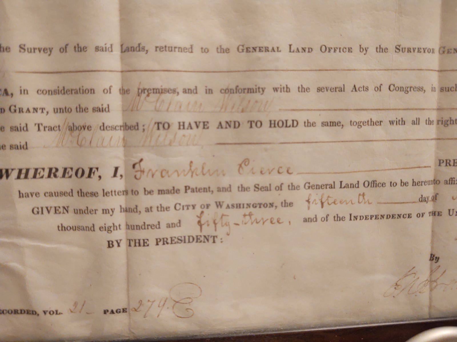 PRESIDENT FRANKLIN PIERCE SIGNED DOCUMENT