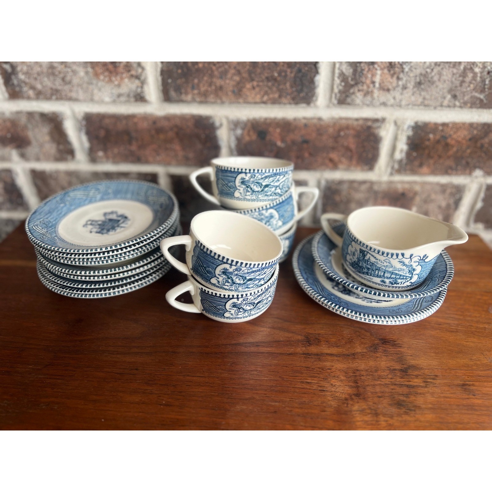 Vintage Blue White Transferware Tea Set Teacups Saucers Creamer Pastoral Scene