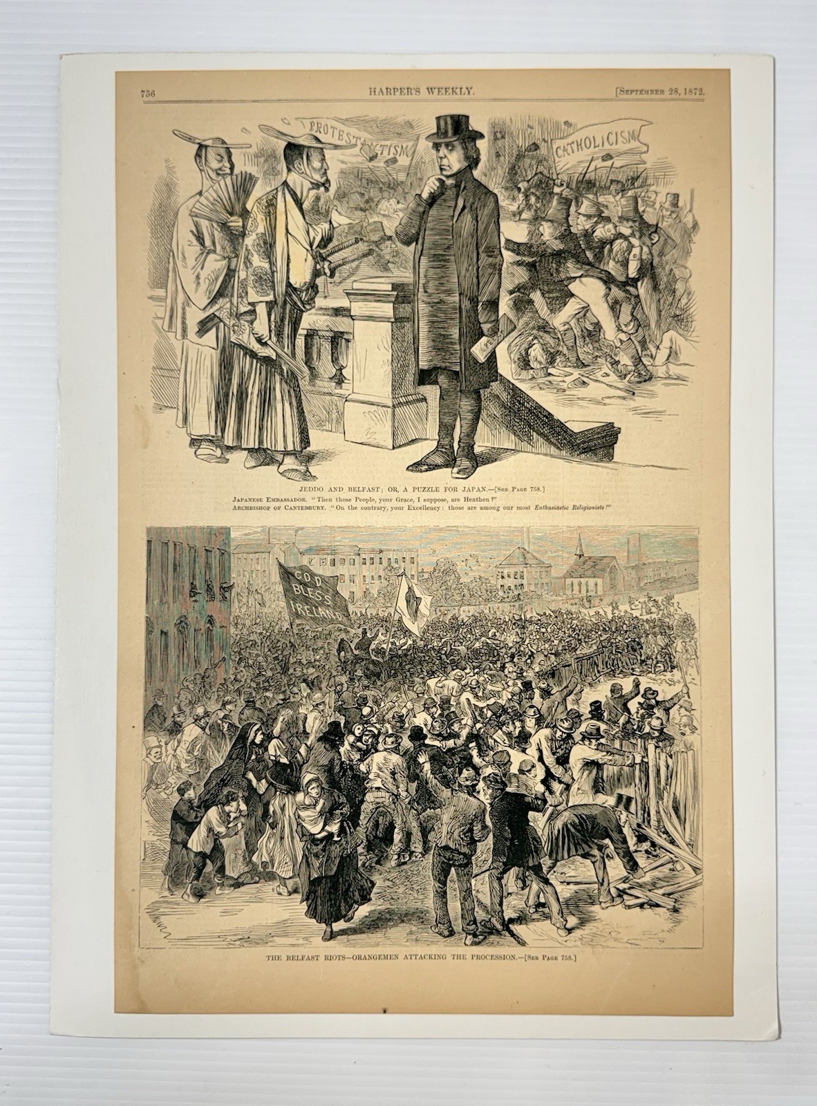 1872 Harper’s Weekly Belfast Riots Orangemen Ireland Political Print