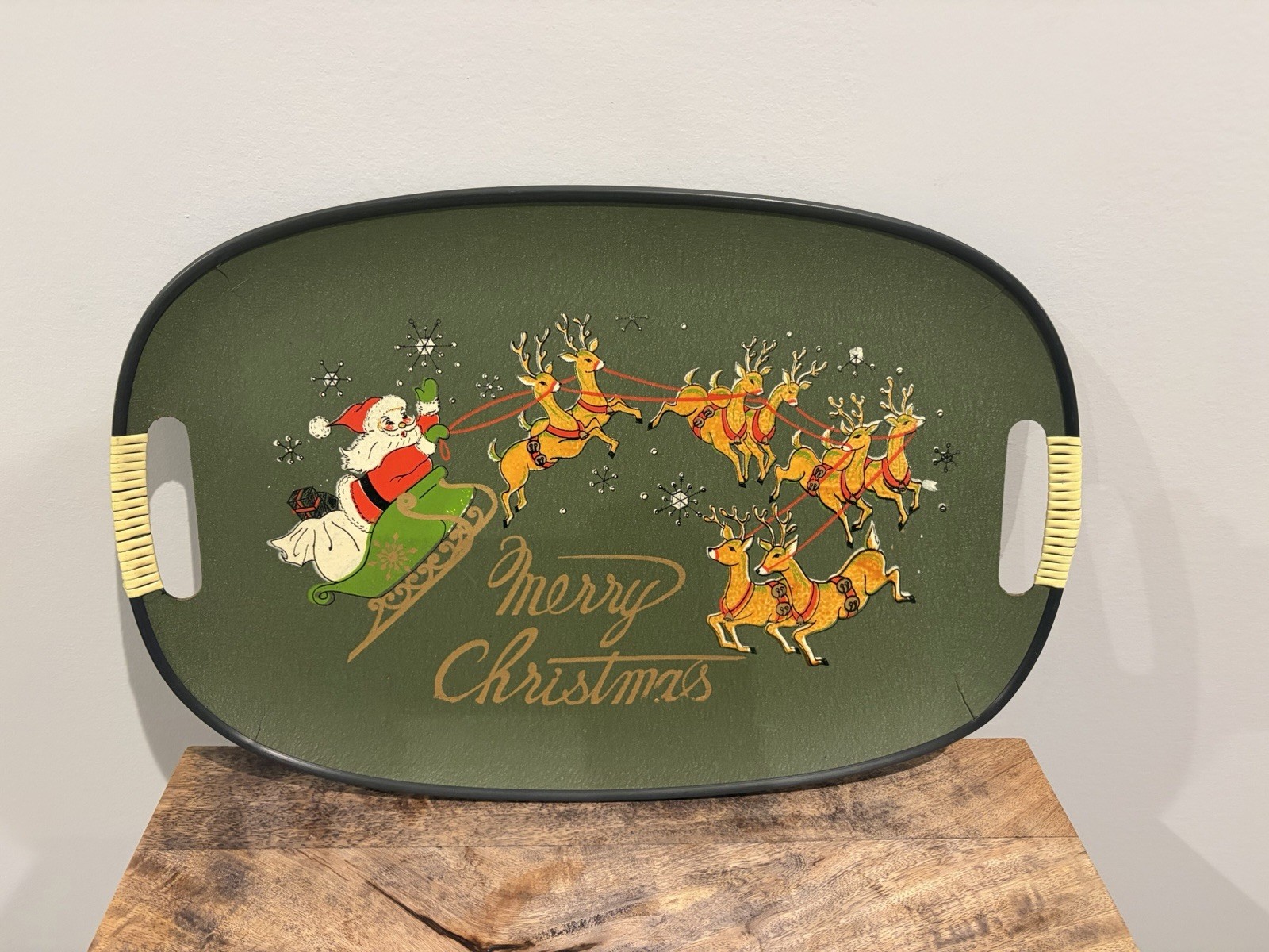 Vintage Green Merry Christmas Santa Sleigh Reindeer Serving Tray Japan MCM