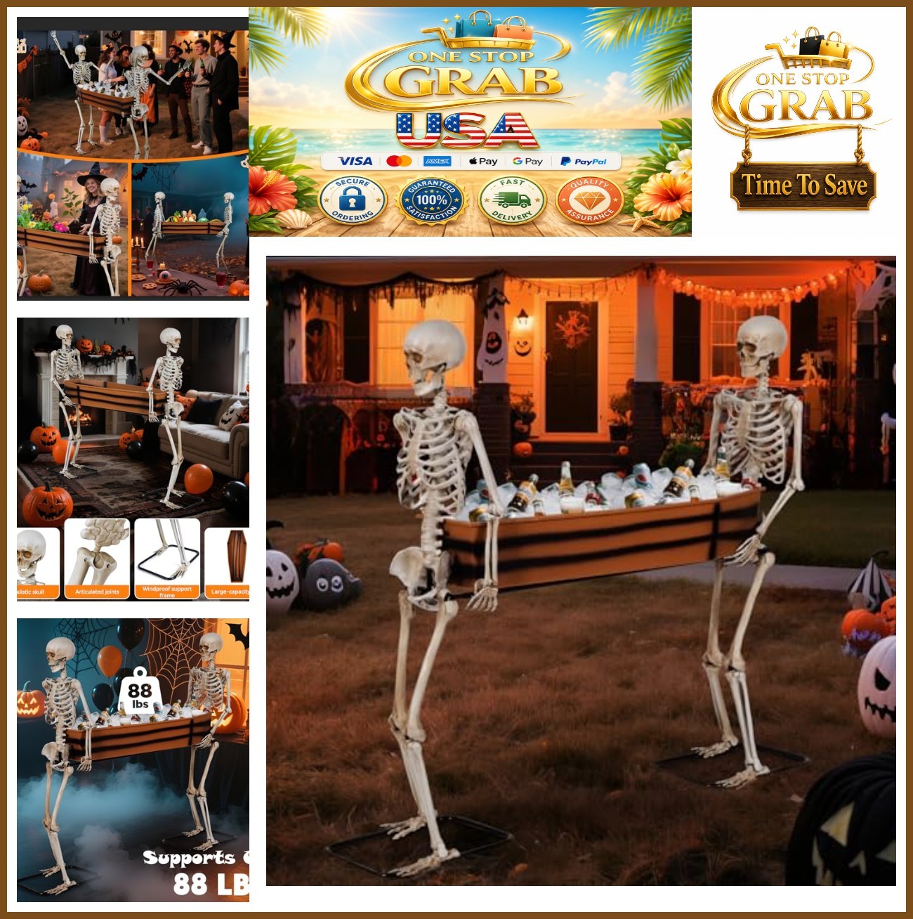 5ft Halloween Skeletons Carrying Coffin Poseable Life Size Prop Drink Cooler 5ft Halloween Skeletons Carrying Coffin Poseable Life Size Prop Drink Cooler