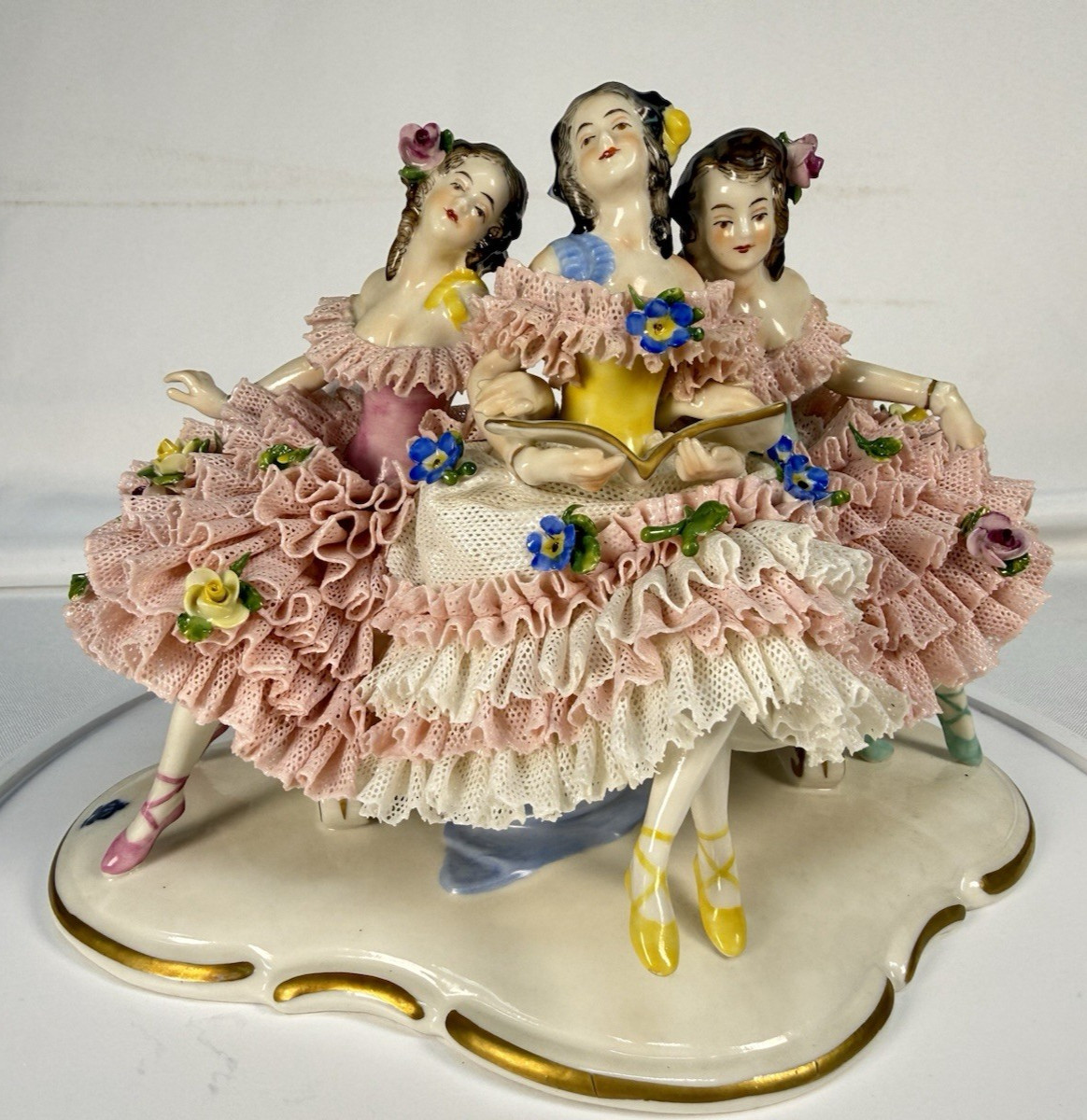 Anton Muller Volkstedt Dresden Lace Figurine Three Ballerinas Seated V2012 Antiq