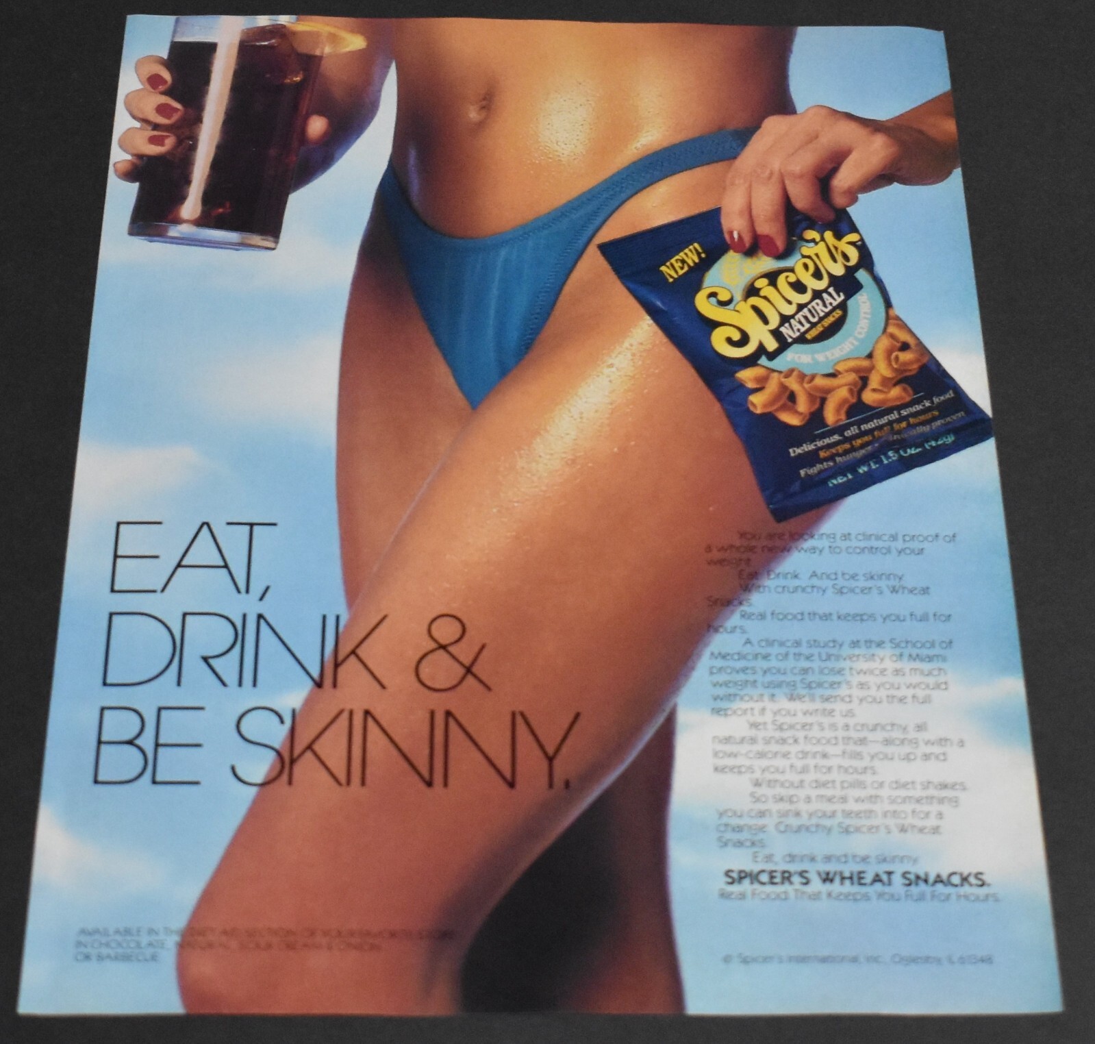 1989 Print Ad Sexy Spicer\'s Wheat Snacks Bikini Long Legs Lady eat Drink skinny