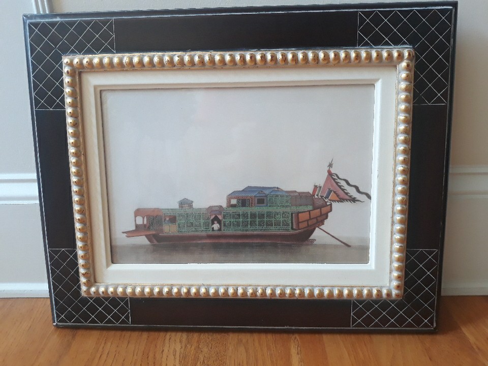 Vintage ornate framed Chinese Print Junk Boat