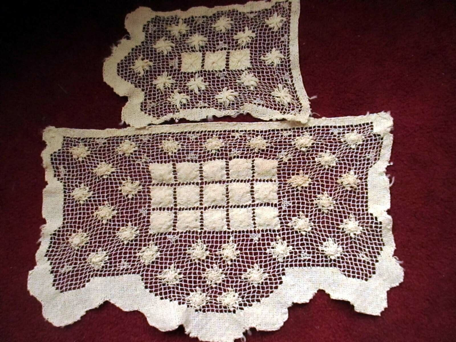 Antique Vintage Linen Table Runner  filet lace White Cream Doily Set of 2 lot