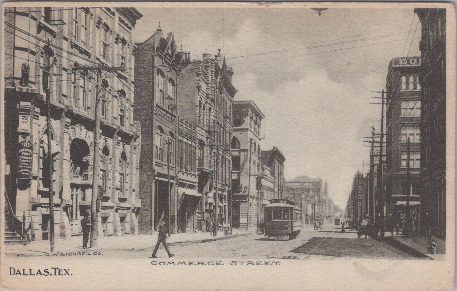Commerce Street Dallas Texas TX Streetcar Trolley Firemans Fund Co 1919 Postcard