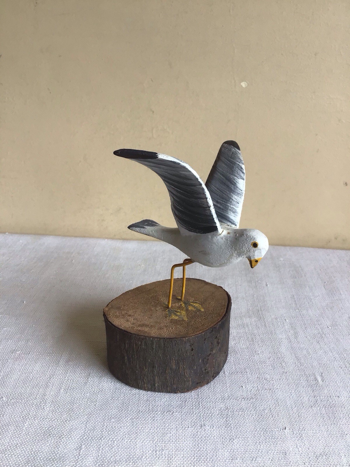 Vintage Handcrafted Artisan Hand Painted Seagull Bird On Wood Block Folk Art