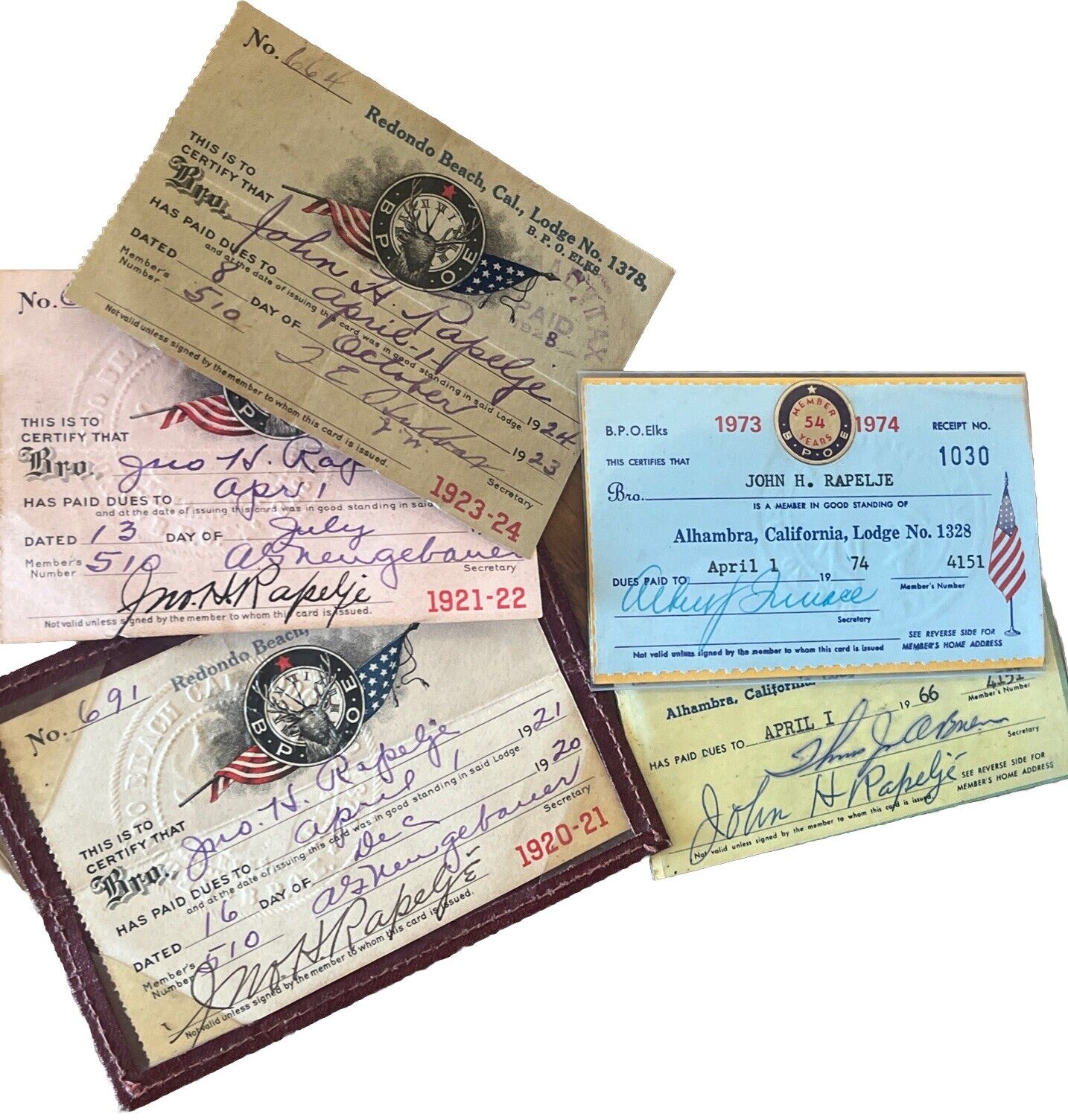 1920-1974 B.P.O.E. Elks Membership Cards & Holder Redondo Beach,  Alhambra CA