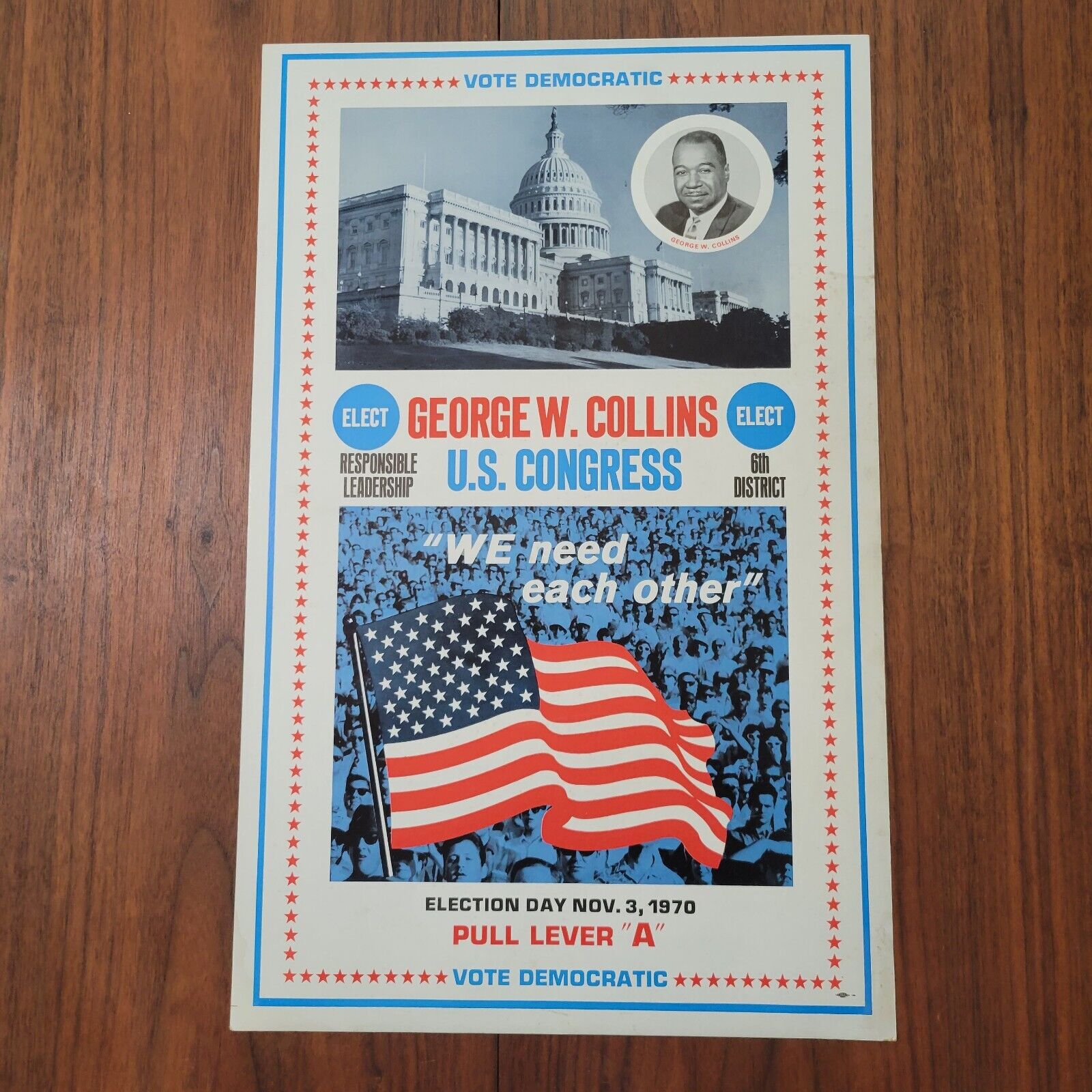 Vintage Original 1970 George W Collins US Congress Poster Illinois 22x14