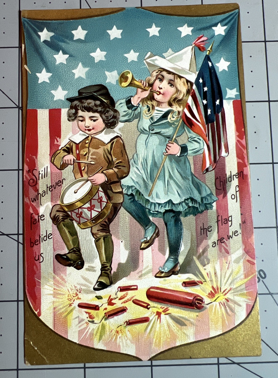 c1907 Tuck Postcard Fourth Of July Children With Flag Blowing Horn Firecrackers