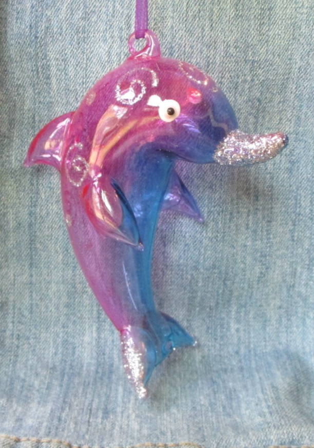 PIER 1 BLOWN GLASS PURPLE & BLUE DOLPHIN Vintage  Christmas Tree Ornament BX-U