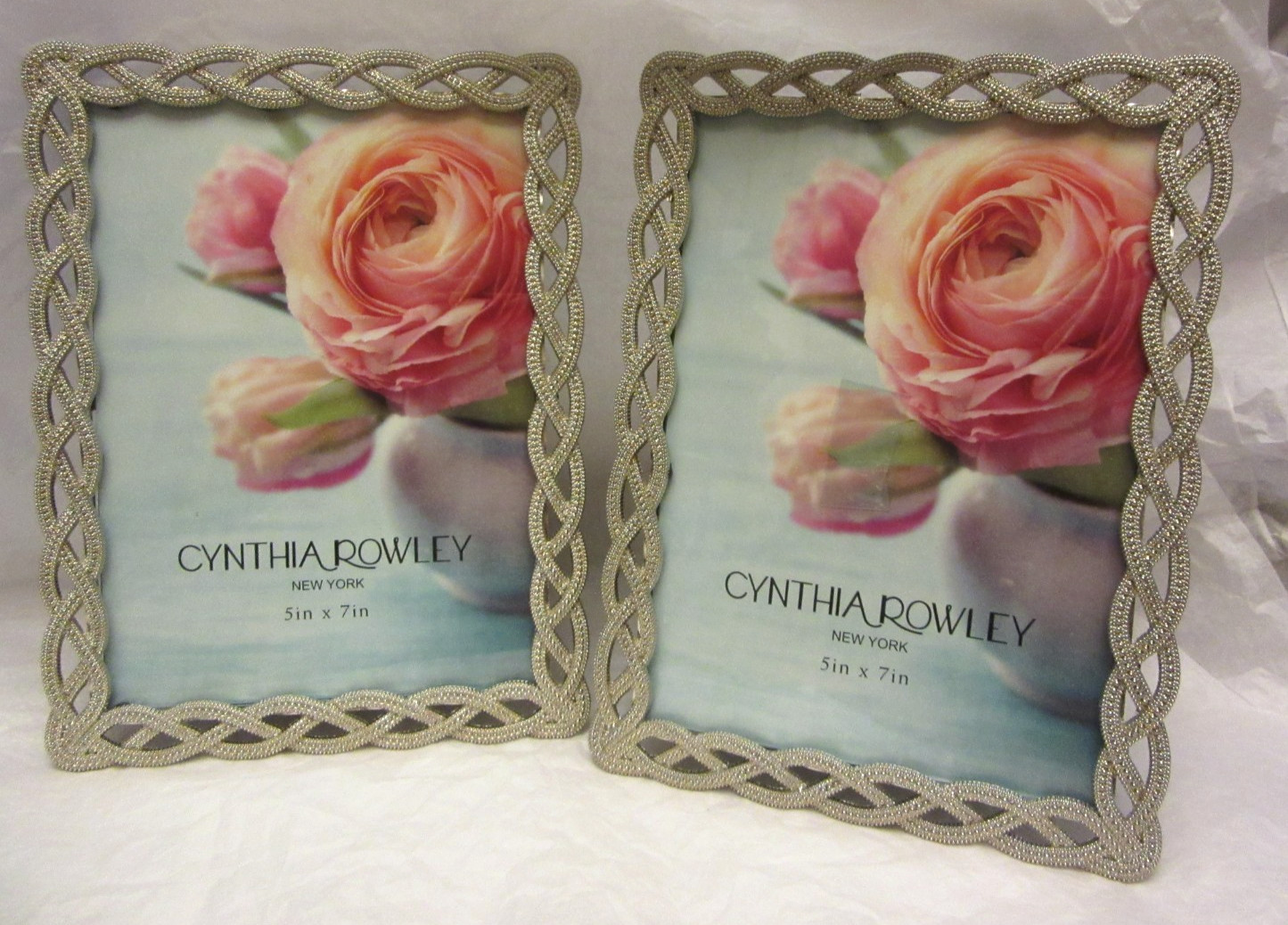 2 VTG Cynthia Rowley NY Silvertone Filagree Picture Frame 5x7 Velvet Back Unused