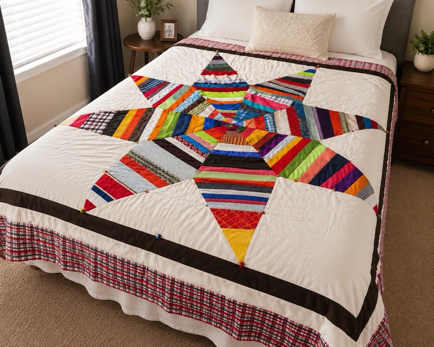 Rare VTG Authentic Handmade Double-Knit 8 Point Patchwork Star Quilt 85x89
