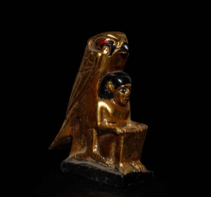 Ancient Egyptian Horus Protecting Ramses II Falcon Statue Gold Artifact BC