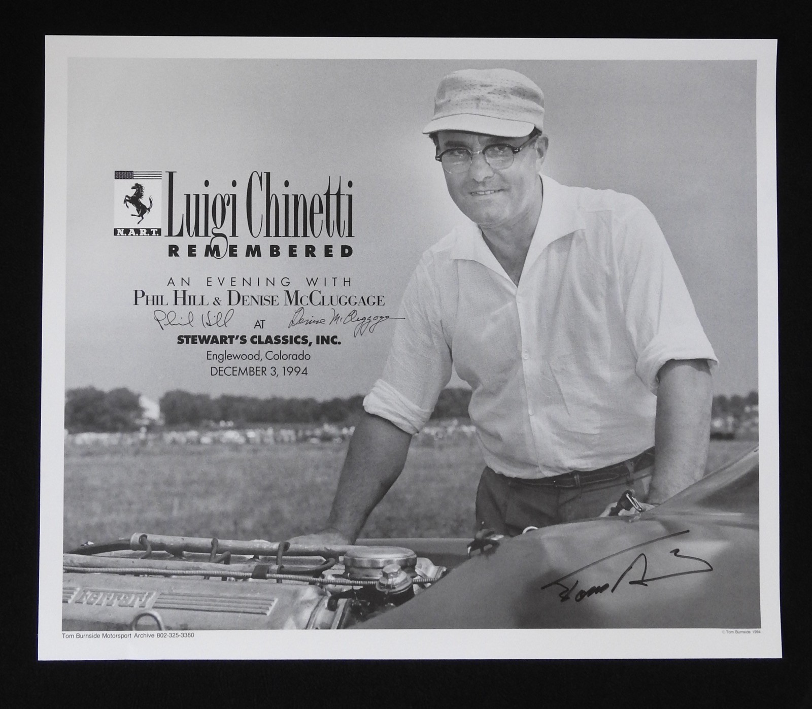 SIGNED Phil HILL McCluggage BURNSIDE NART FERRARI Chinetti Poster 1994 Poster