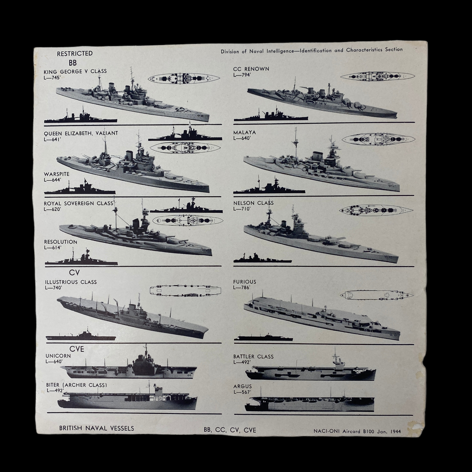 WWII January 1944 RESTRICTED British Battleships & Carrier Navy ID Recognition