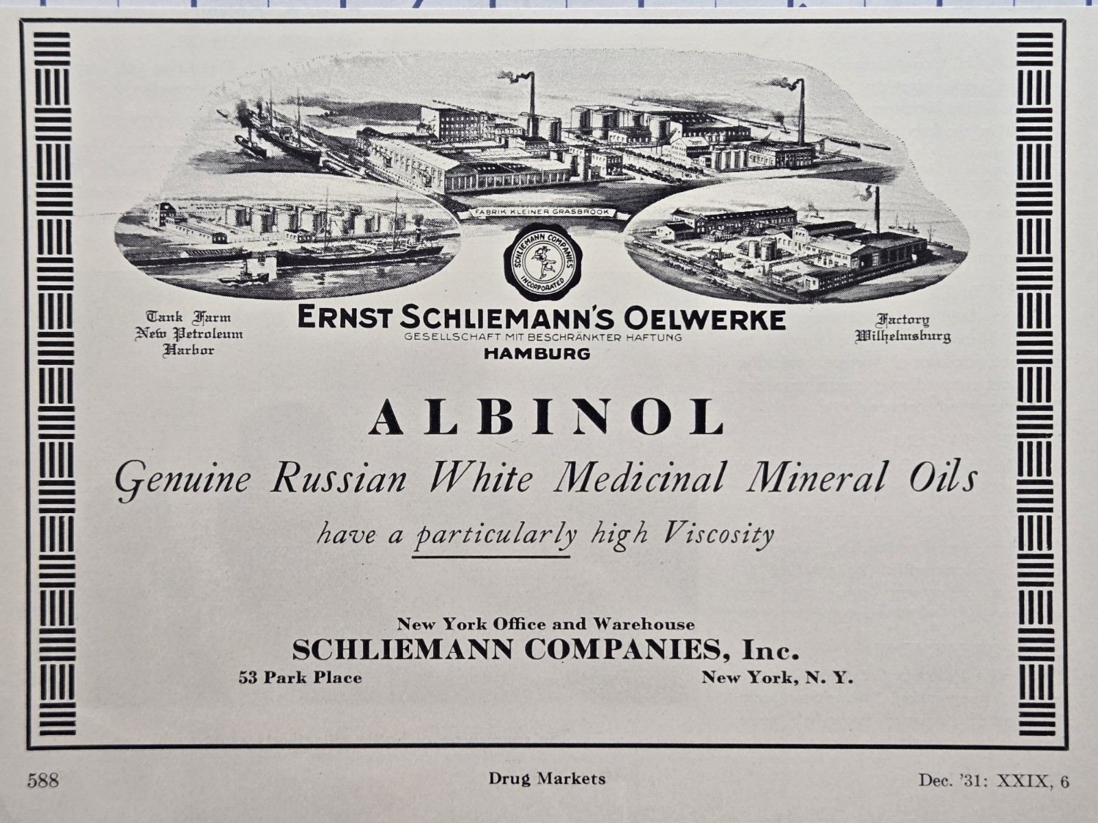 Schliemann's Oelwerke Print Ad 1931 - Russian Mineral Oil Hamburg Wilhelmsburg