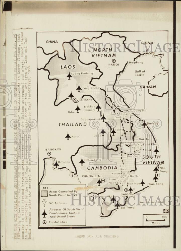 1974 Press Photo Map showing areas controlled by Saigon government - lrw06915 1974 Press Photo Map showing areas controlled by Saigon government - lrw06915