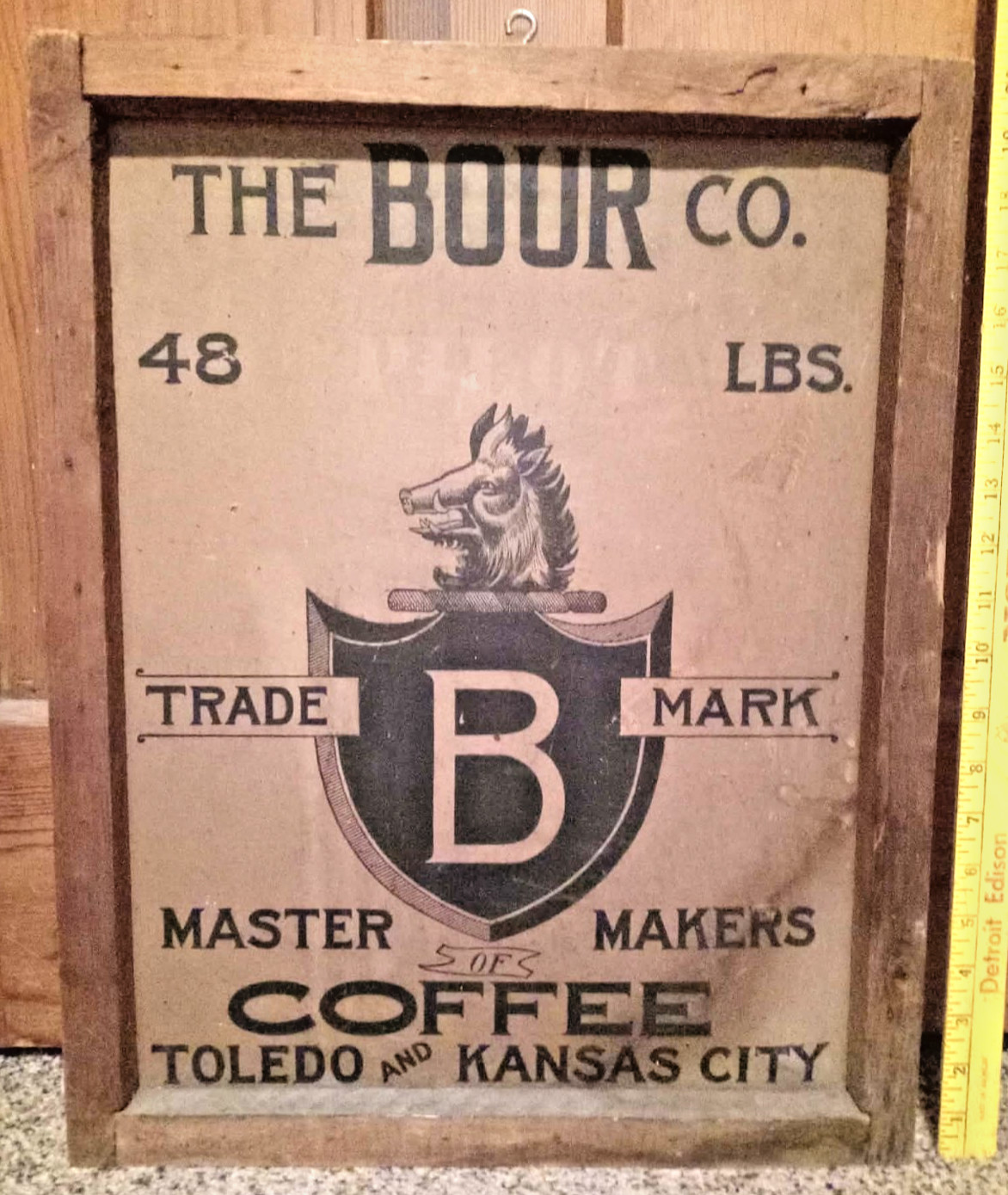 Antique Pre-1921 Bour Co Coffee Wood Crate Sign Toledo Kansas City Boar Logo 21\